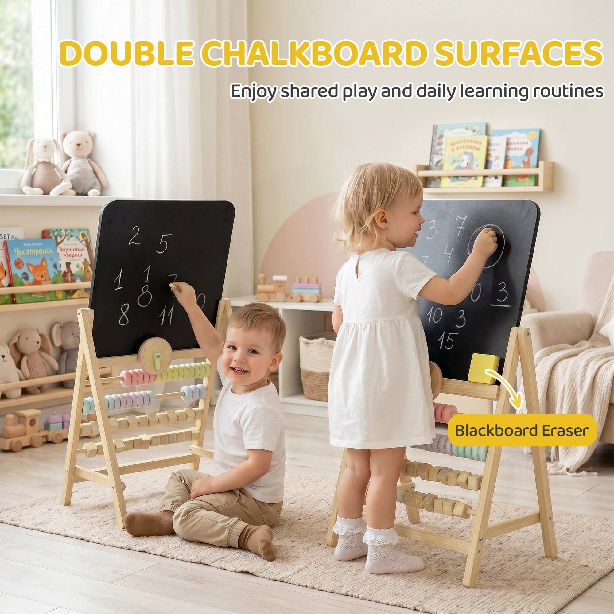 Wooden Kids Art Easel with Double-Sided Chalkboard, Clock, Abacus, Blackboard Eraser for Painting, for Ages 2+, Natural