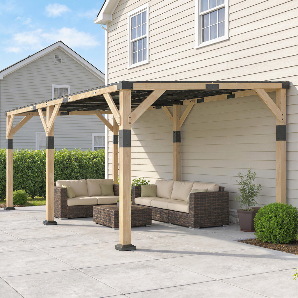 10' x 20' Wooden Gazebo, Hardtop Lean-to Gazebo Pergola with Galvanized Steel Sloped Roof, Light Walnut