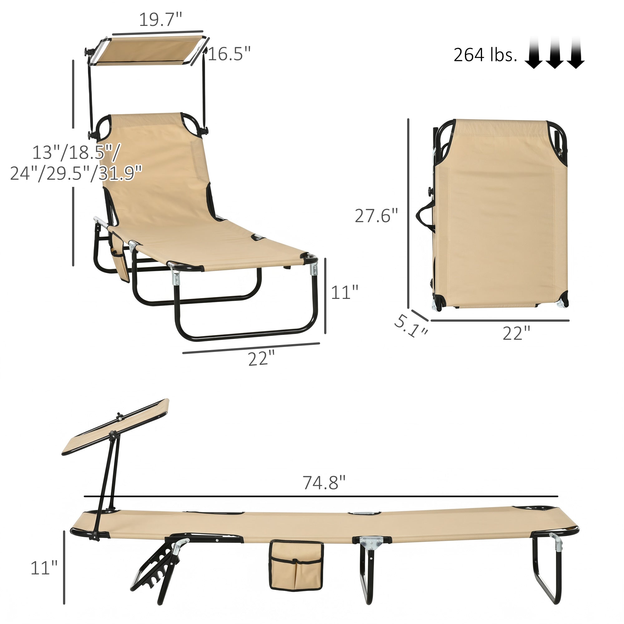Chaise Lounge Pool Lounge Chairs Set of 2, Outdoor Sun Tanning Chairs, Reclining Back, Steel Frame and Side Pocket, Tan