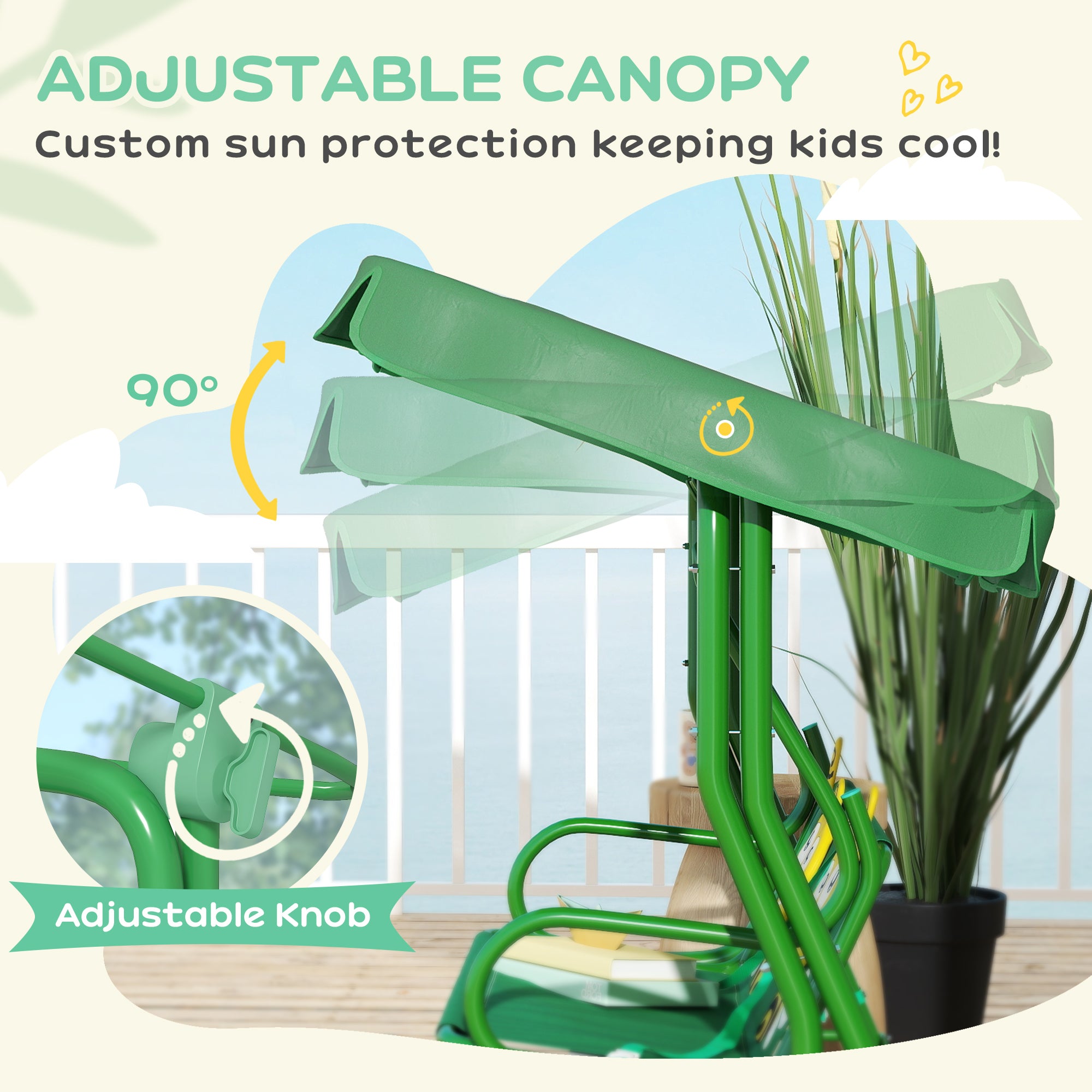 Kids Patio Swing Chair with Adjustable Canopy, Safety Belt for Patio, Garden, Poolside, Balcony, Dark Green