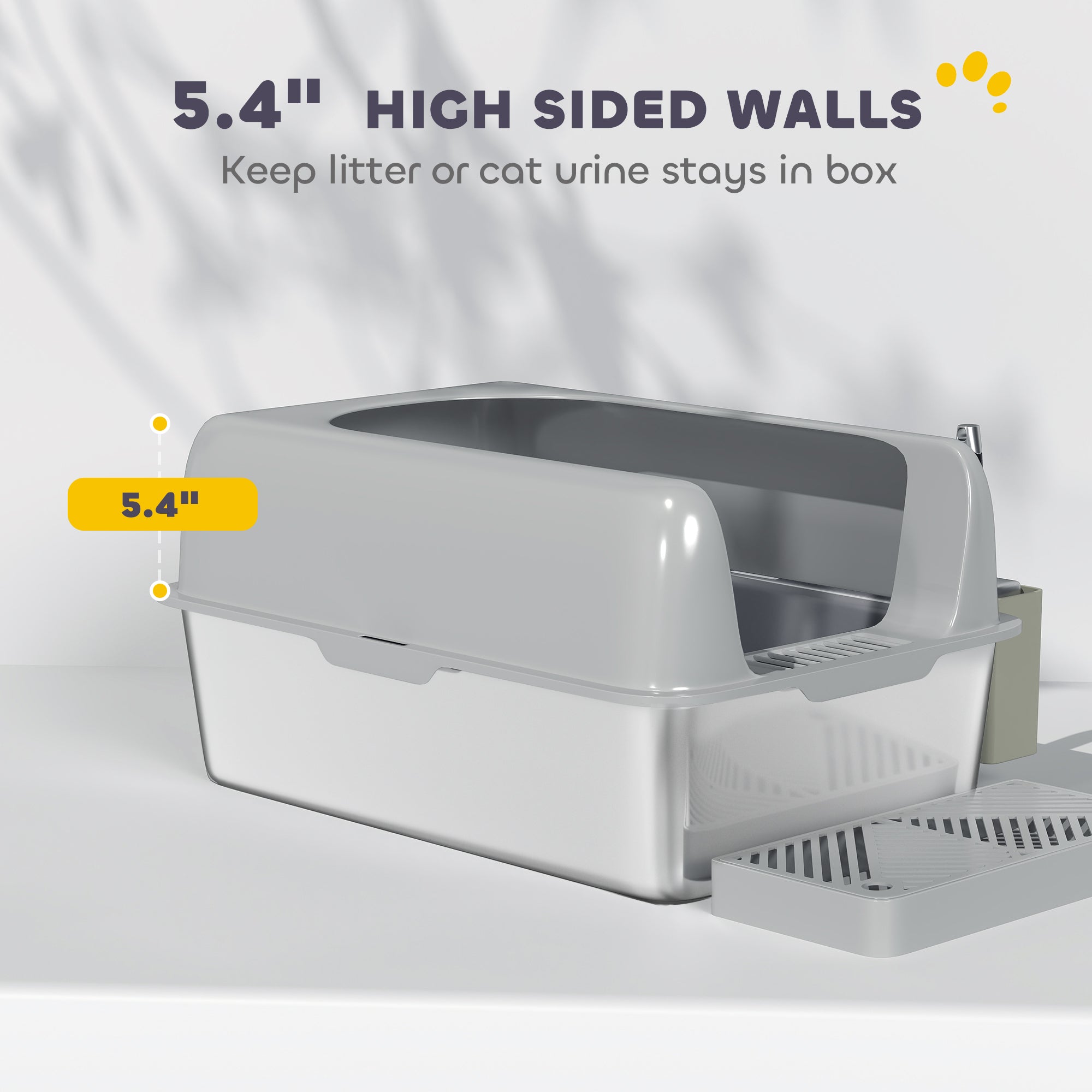 High Sided Stainless Steel Litter Box with Metal Scoop & Scoop Holder, for Easy Clean& Anti-Urine Leakage, Light Gray