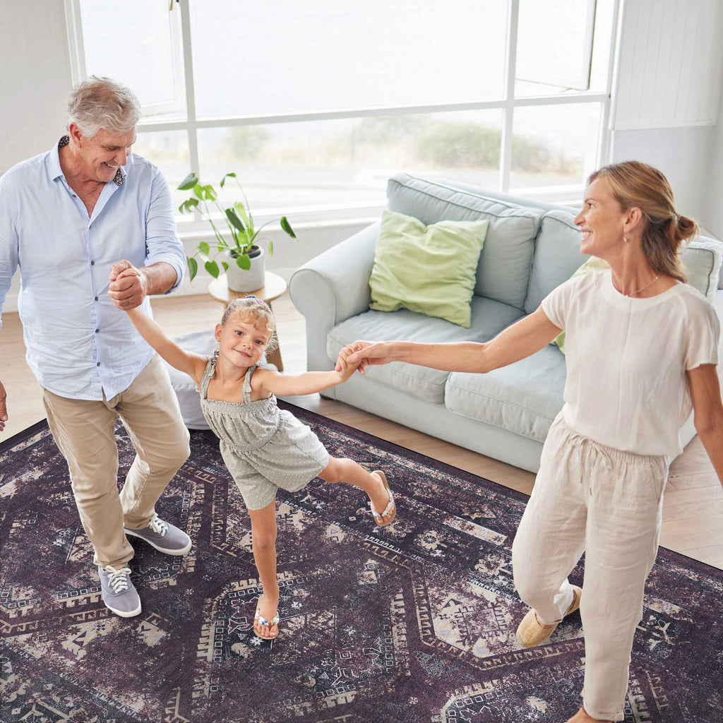 2x10 Low-Pile Non-Slip Non-Shedding Washable Area Rug, Kid and Pet Friendly, Carpet for Living Room, Bedroom, Kitchen, Black+Burgundy
