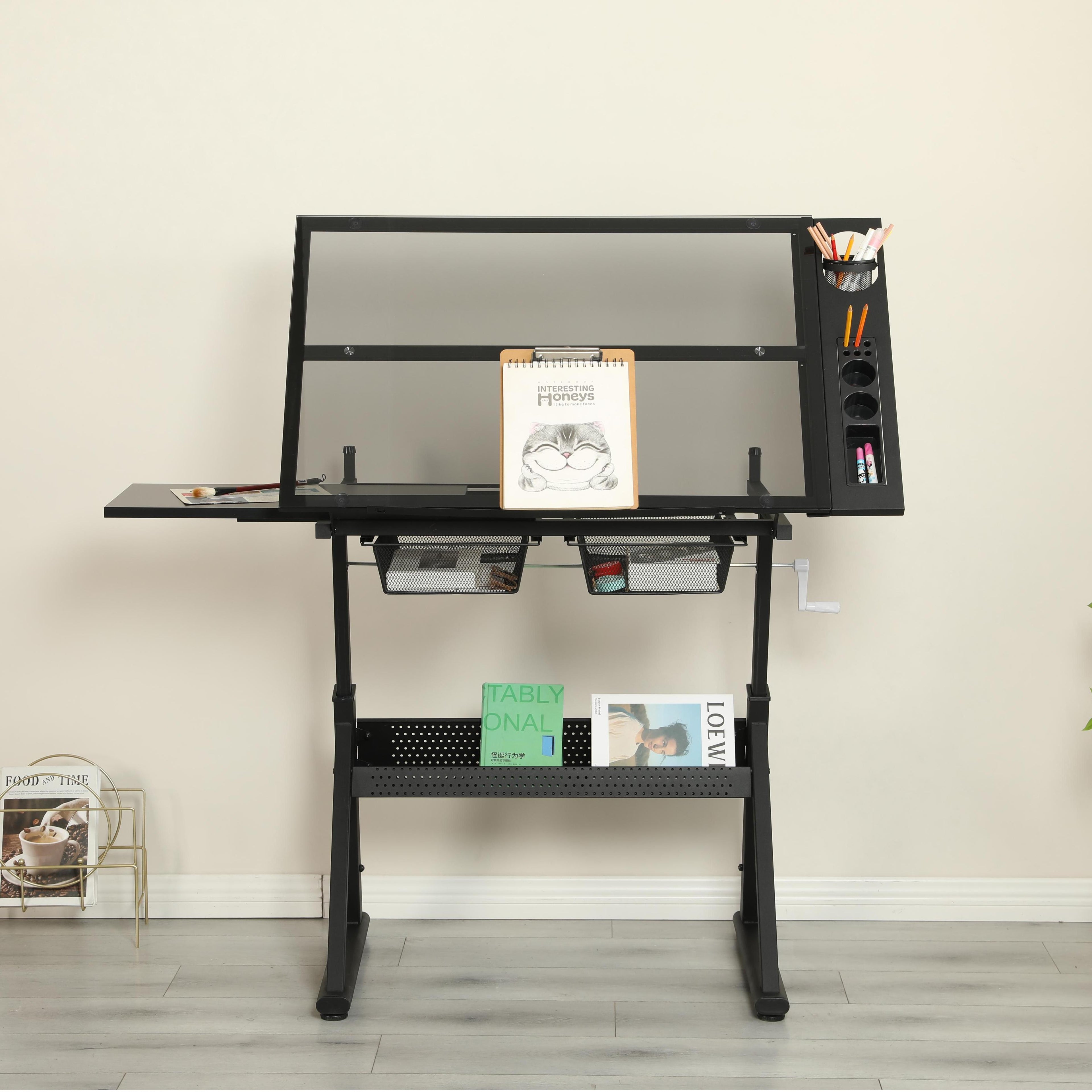 Hand-Crank Adjustable Drafting Table with 2 Large Metal Drawers, Drawing Desk with Tempered Glass Top, 40" L x 23.5" W x 29.5" H, Black
