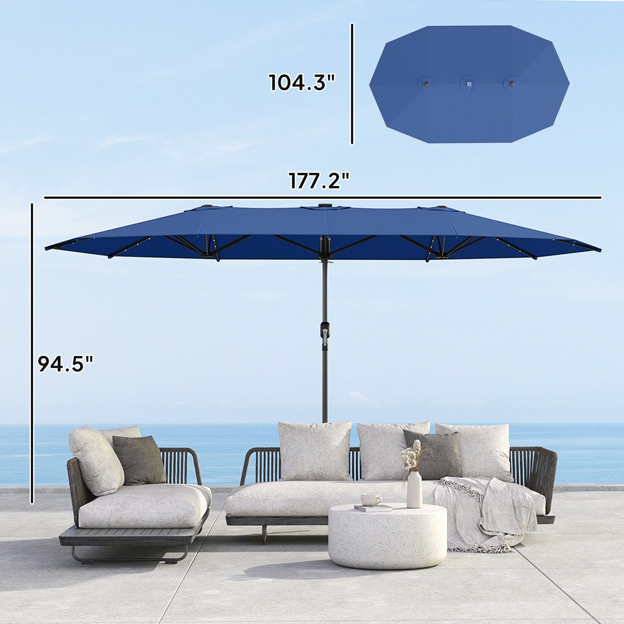 Garden Parasol, Double-Sided Sun Umbrella with LED Solar Lights, Patio Parasol for Outdoor, Blue