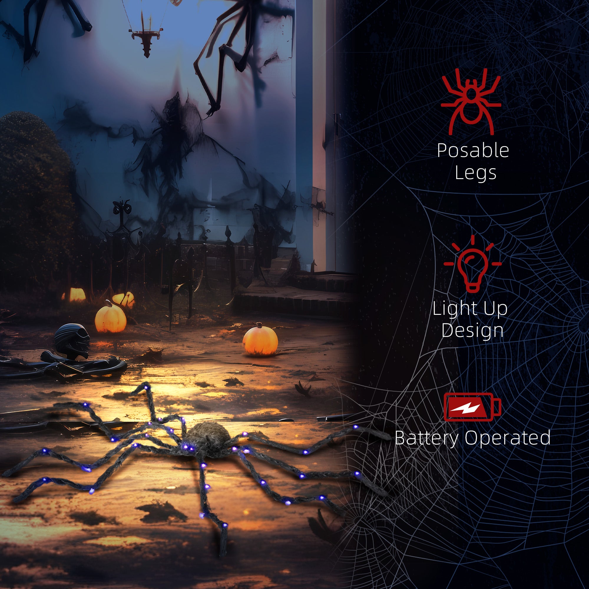 3.25" Halloween Prop Light-up Oversized Spider, Outdoor Halloween Decoration with Light Up Bendable Legs