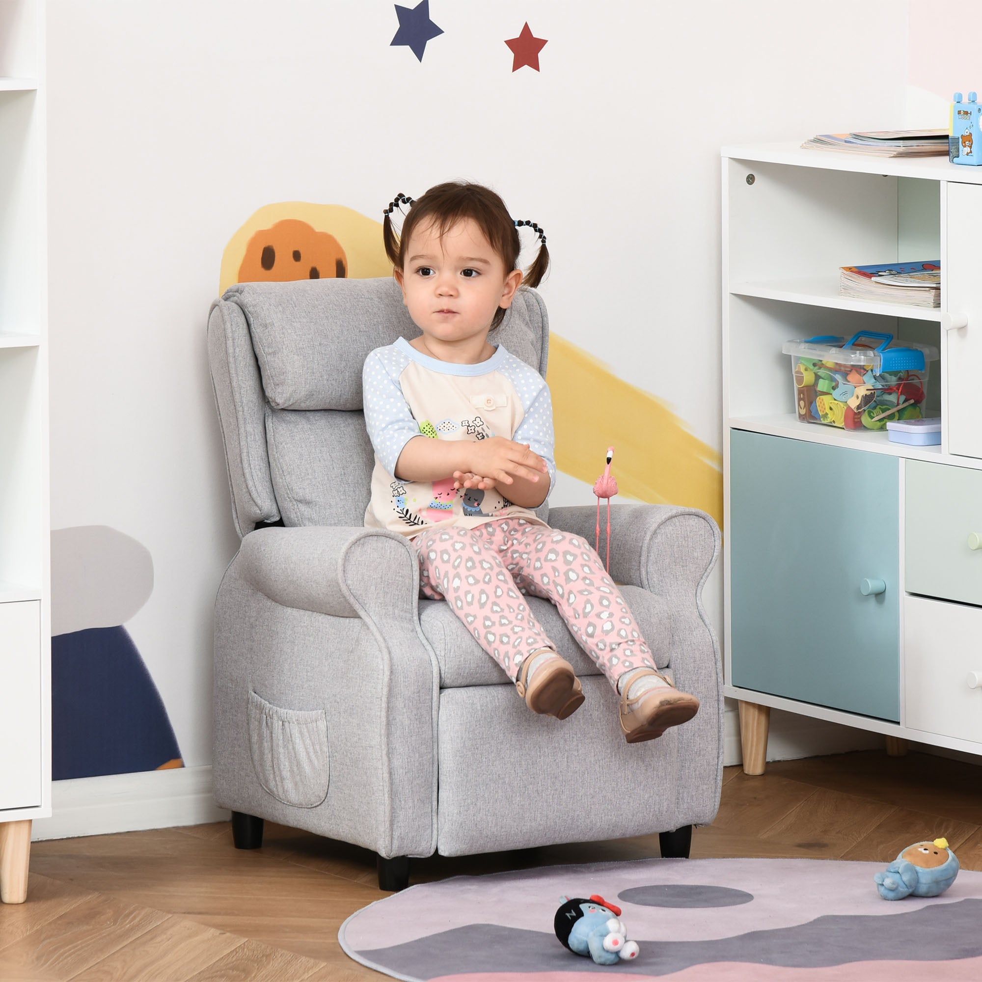 Kids Recliner Chair Children Sofa Angle Adjustable Single Lounger Armchair Gaming Chair with Footrest 2 Side Pockets for 3-5 Years, Light Grey