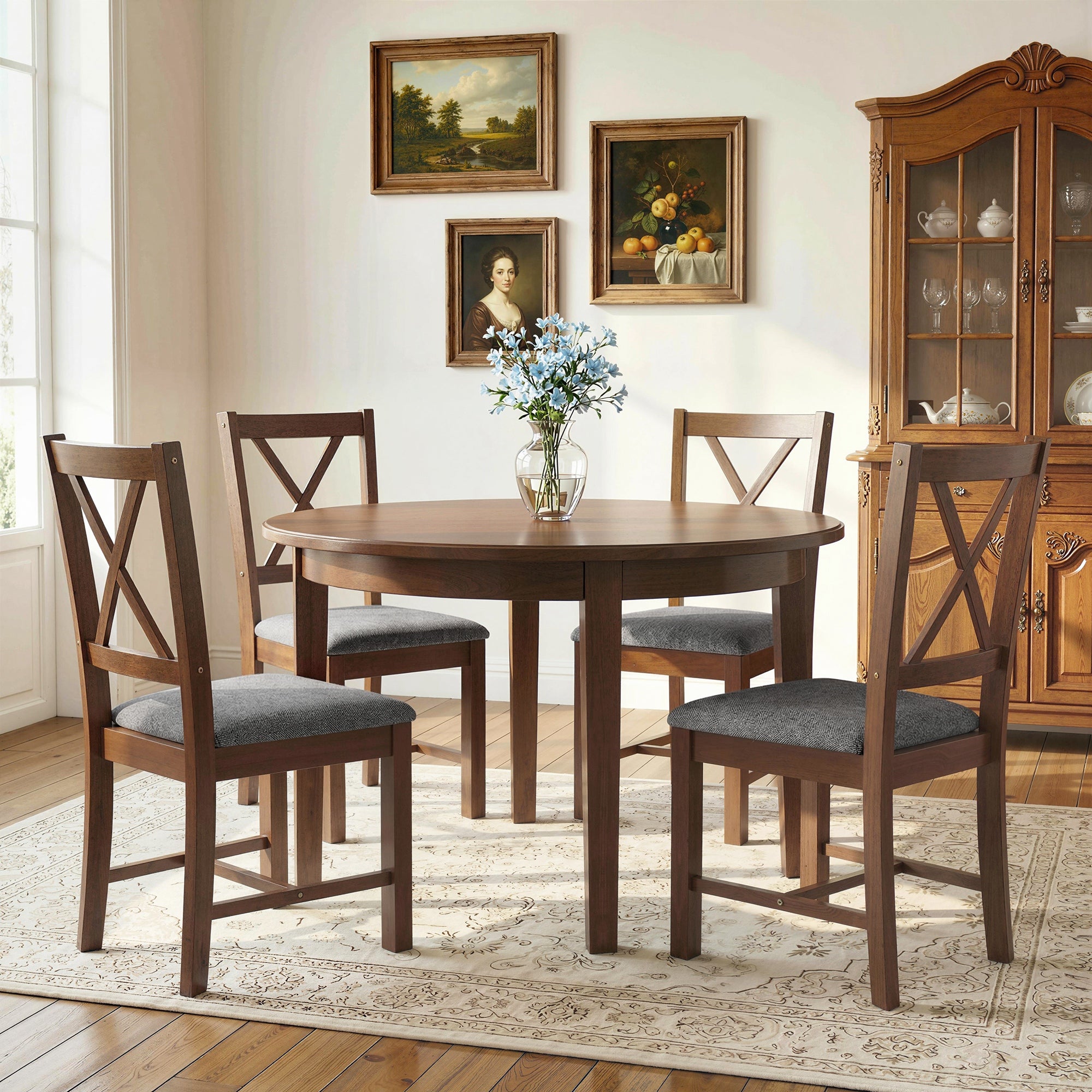 Set of 4 Dining Chairs, Upholstered X-Back Dining Room Chairs with Rubberwood Legs and Padded Seat for Kitchen, Walnut