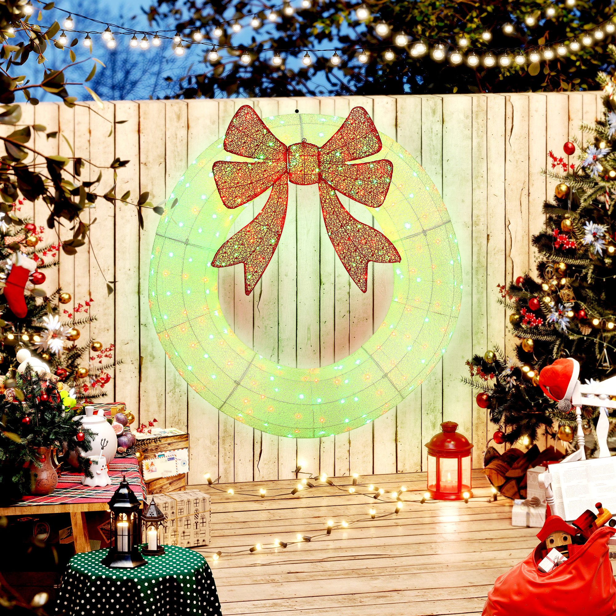 60 Inch Lighted Wreath Decoration with Dual Color LED, Christmas Wreath with Daily Timer, Remote for Indoor Outdoor