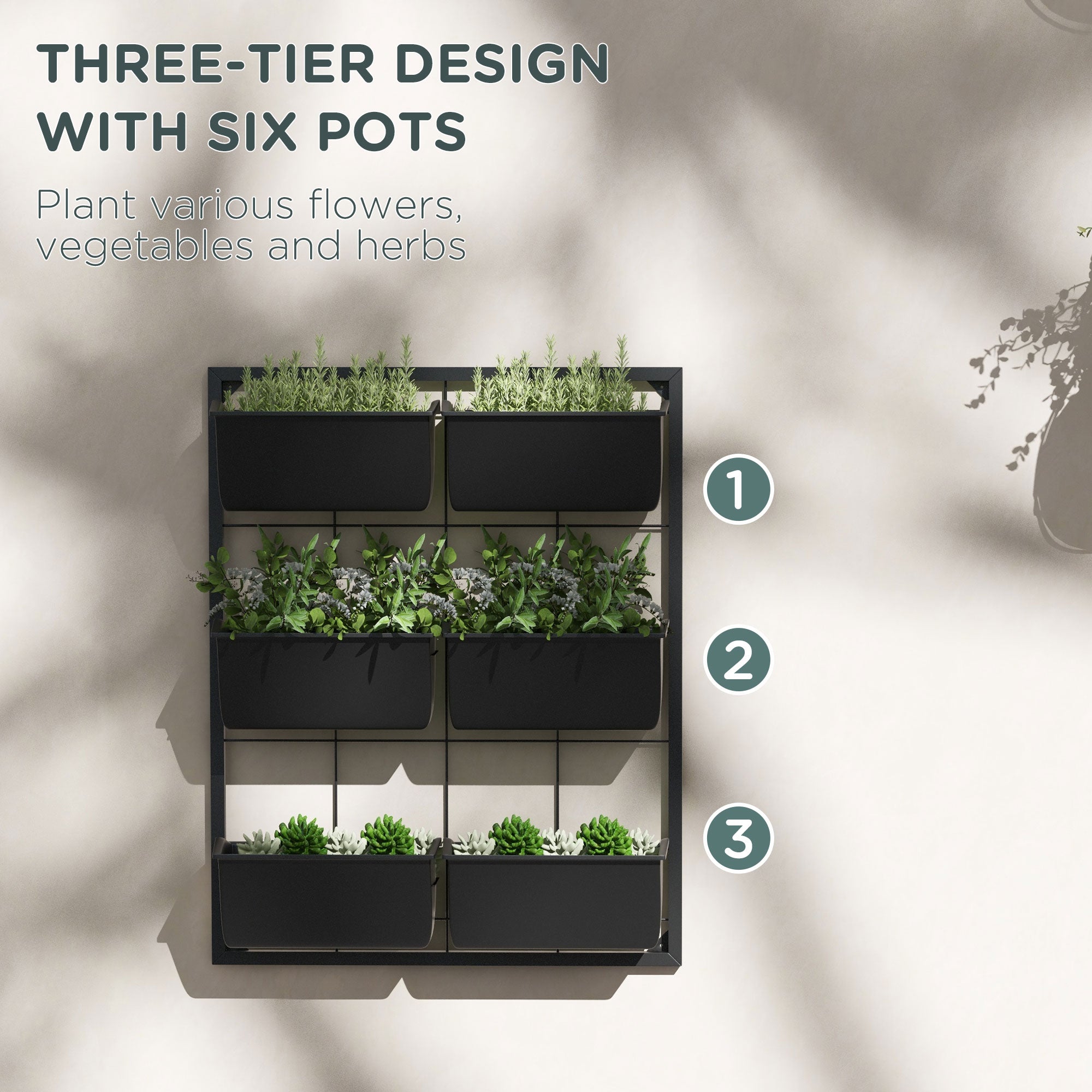 3-Tier Hanging Planter with 6 Pots for Indoor and Outdoor Use, Wall Planter, Self Draining & Wall Mounted, Black