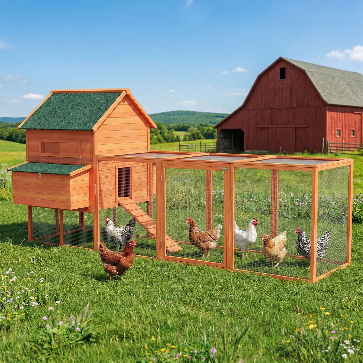 137" Wooden Chicken Coop for 4-6 Chickens, Backyard, Orange