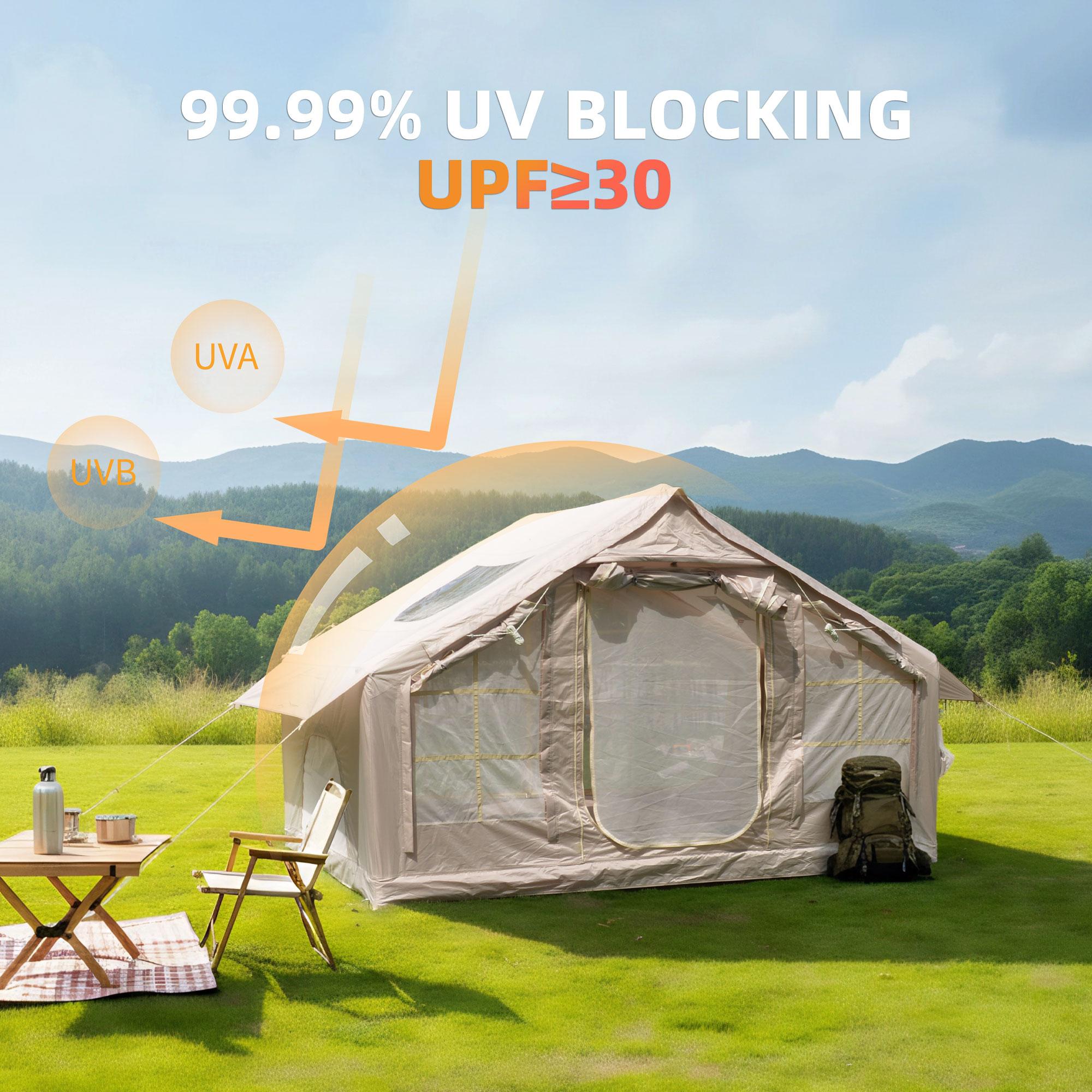 Inflatable 4-Season Camping Tent with Extended Awning, Waterproof Family Tent with Clear Skylight, 118″ L x 82.5″ W x 78.5″ H, Beige