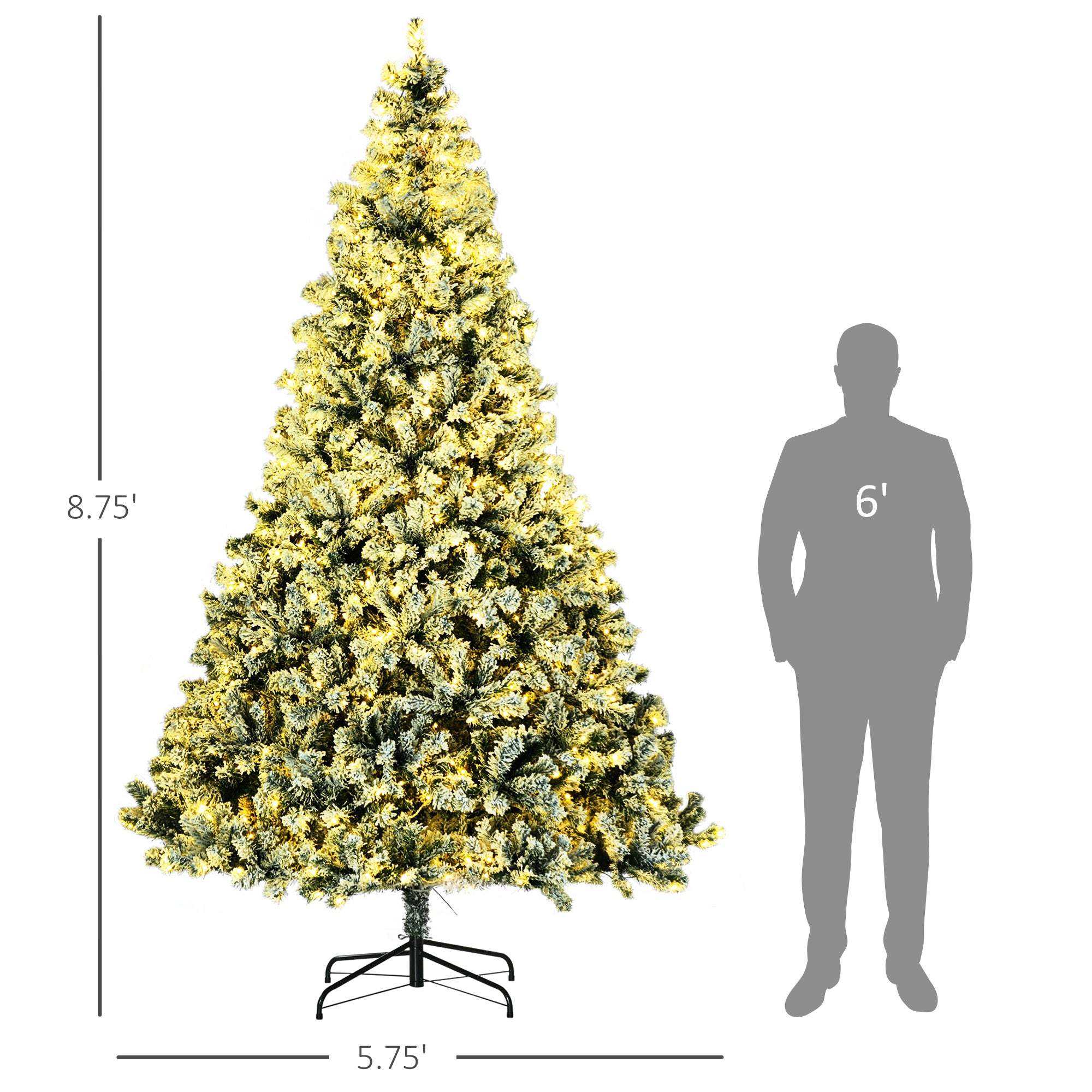 9' Artificial Snow Christmas Trees with Frosted Branches, Warm White or Colorful LED Lights, Steel Base