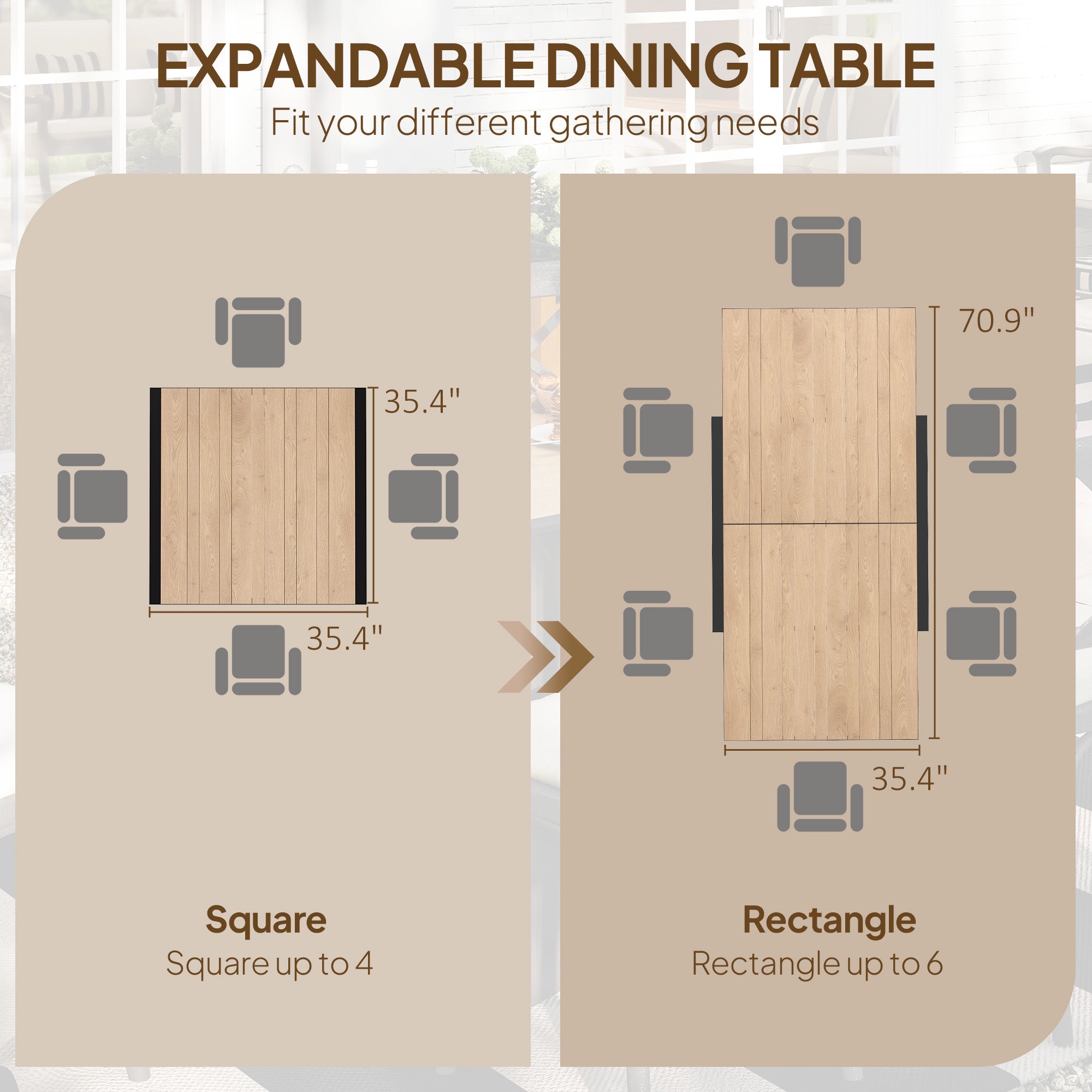 35.5"-71" Expandable Outdoor Dining Table for 4-6 People, Aluminum Patio Table with Slatted Wood Grain Top, Natural