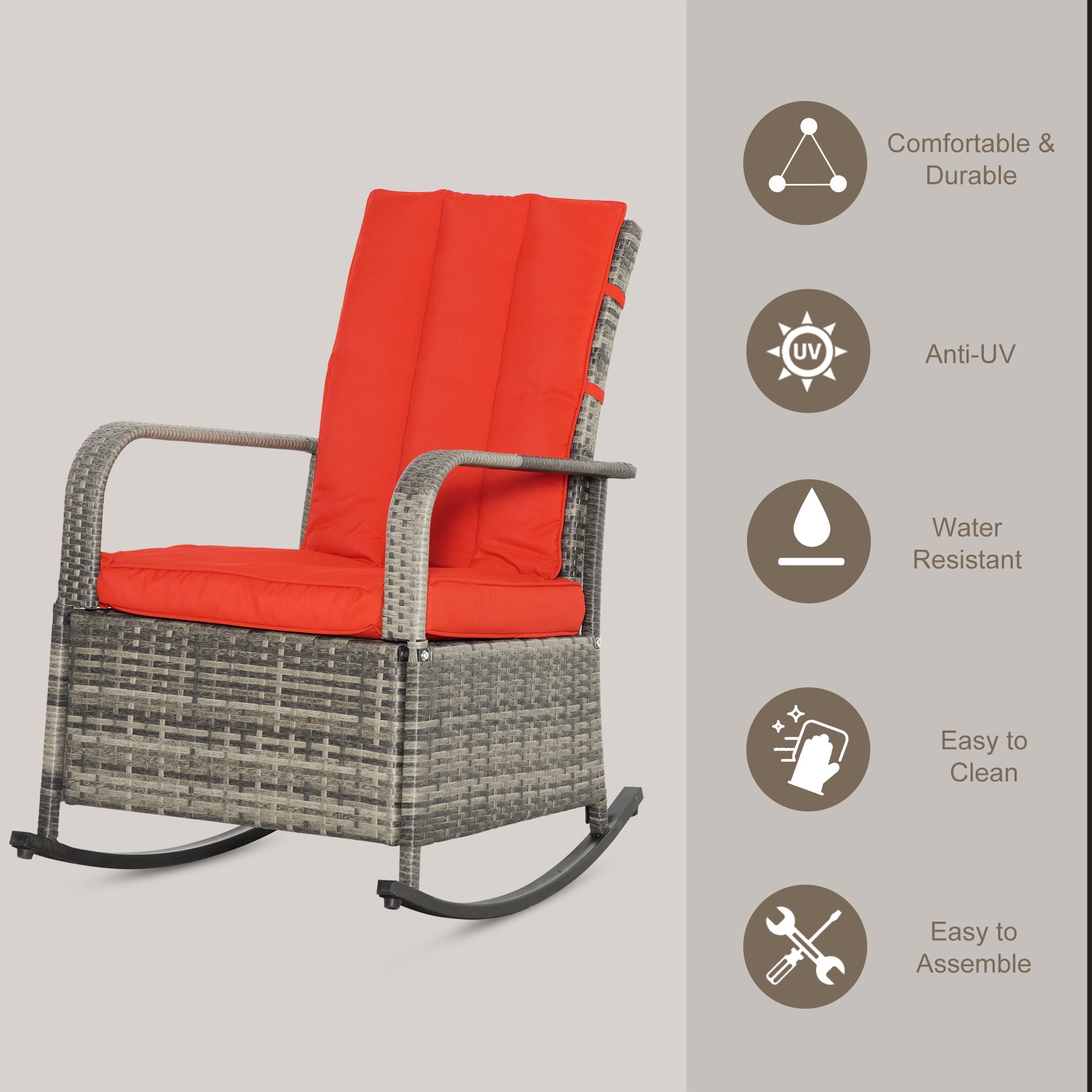 PE Rattan Rocking Recliner with Footrest, Red
