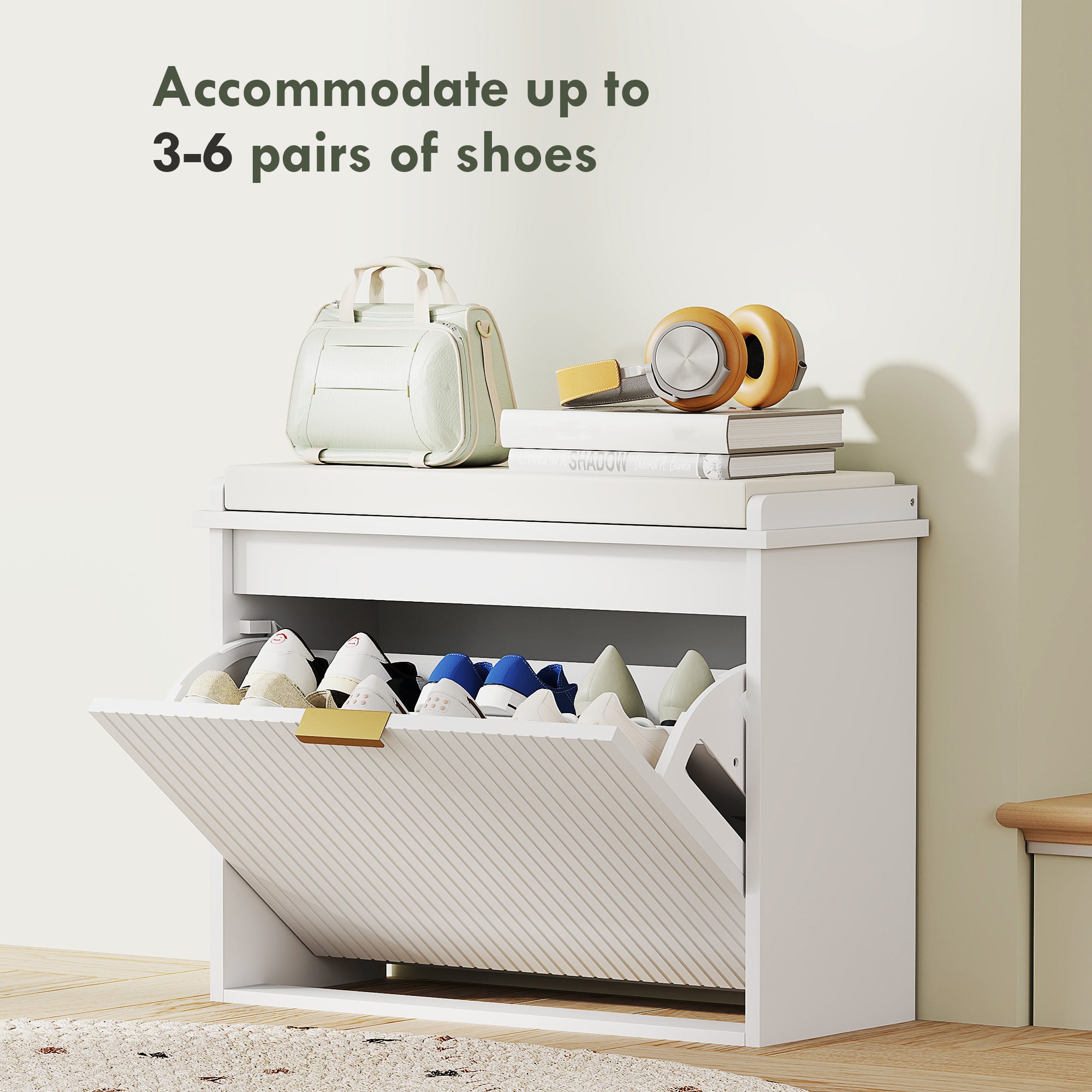 Shoe Storage Bench with Padded Seat Cushion and Flip-Drawer, Entryway Bench, Shoe Cabinet, 24.4x10.2x18.7 Inches, White