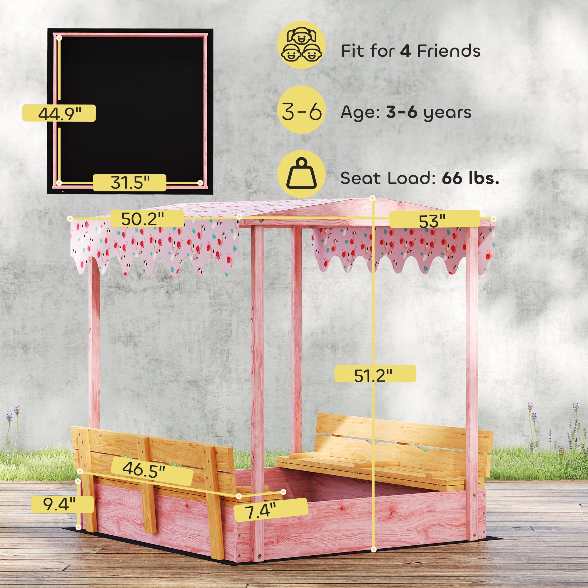 Wooden Sandbox with Cover, Kids Sandbox Outdoor with Seat, Bottom Liner, Canopy for Ages 3-6, Flamingos Print, Pink
