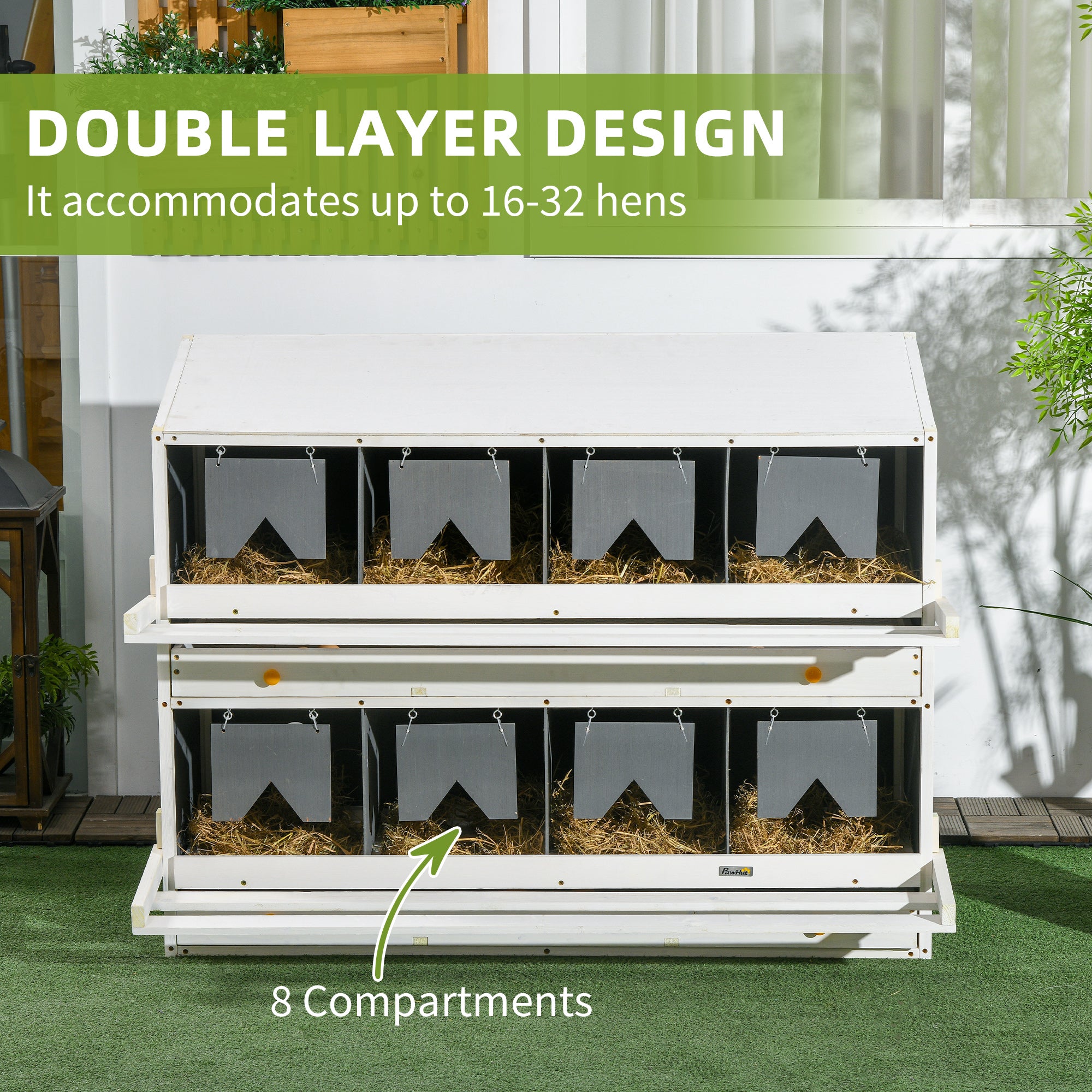 Chicken Nesting Box, 8 Compartment Wood Laying Boxes for Chicken Coop with Egg Collection Trays Perches for 16-32 Hens