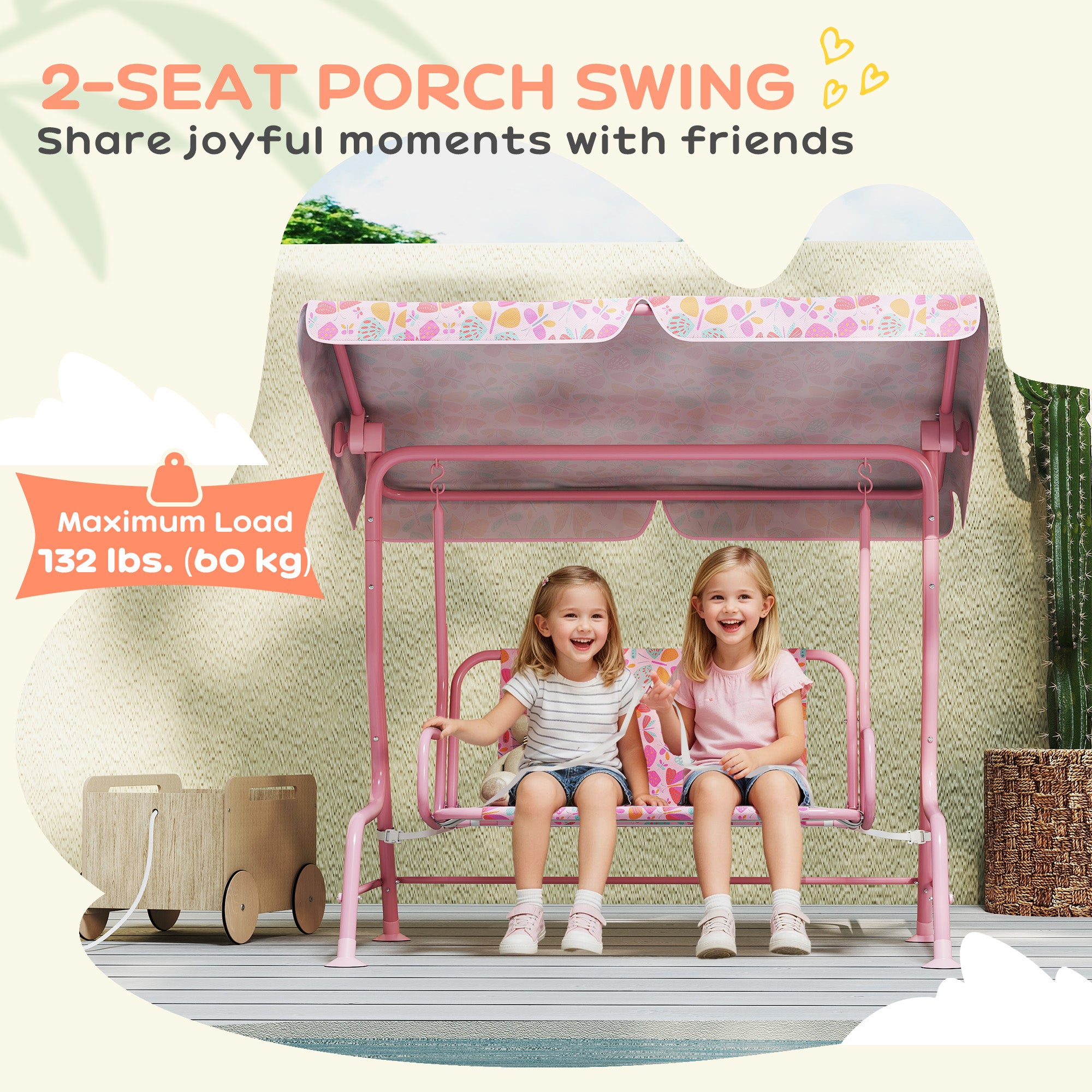 Kids Patio Swing, 2-Seater Outdoor Porch Swing with Safety Belt and Adjustable Canopy for Backyard Garden, Pink
