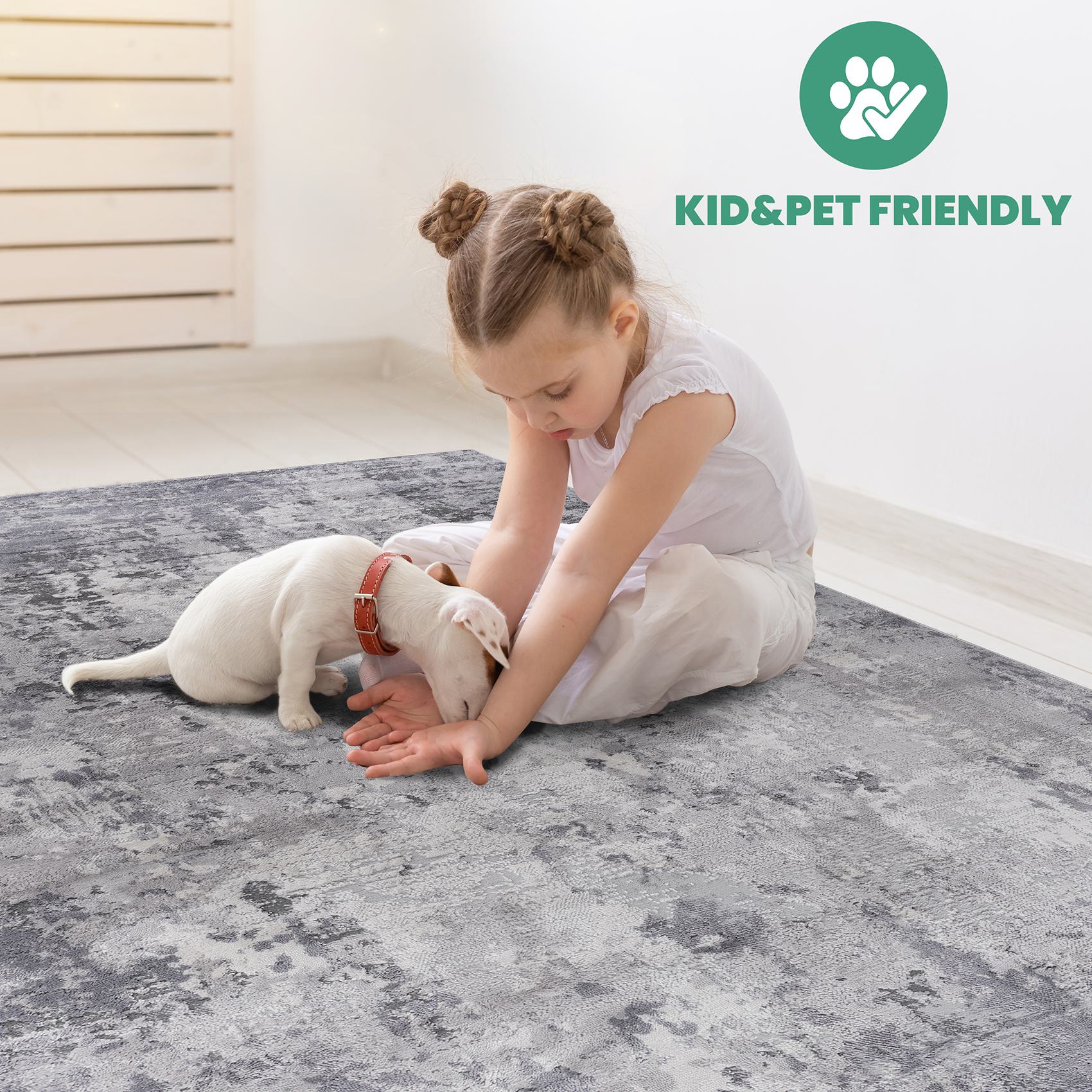 Naar 8x10 Stain-Resistant Area Rug with Non-Shedding Design and Cotton Backing, Kid and Pet-Friendly Carpet, 120" L x 93" W x 0.35" H, Gray