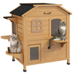 2-story Cat House Outdoor, Weatherproof Wooden Cat Enclosure for Feral Cats with Escape Door, Openable Roof, Jumping Platforms, Natural