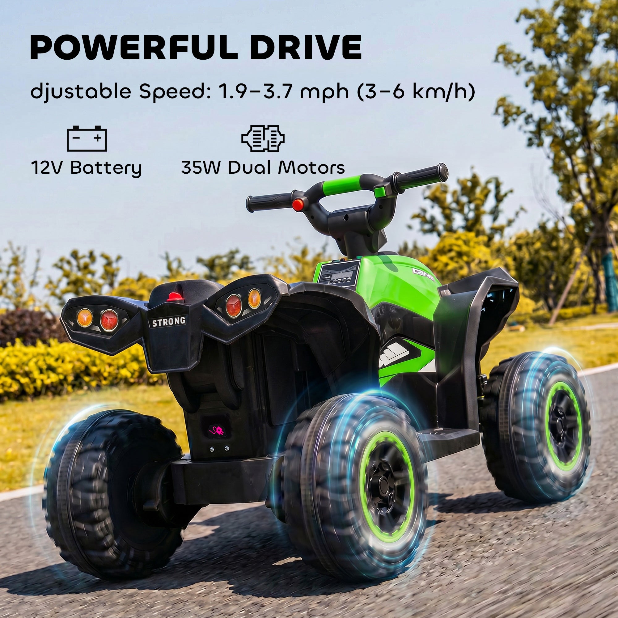 Kids ATV 4 Wheeler, 12V Kids Ride On Toy with Dual Motors, High & Low Speed, Music, Headlights, Up to 3.7 MPH, Green