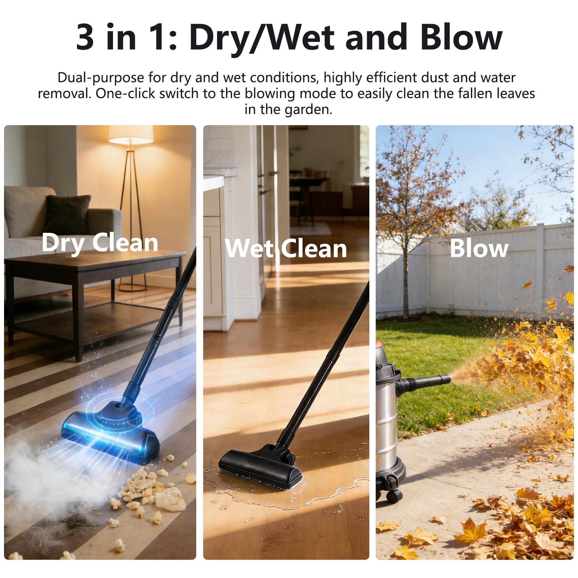 3-In-1 Shop Vacuum with 32mm Universal Nozzle & 360° Swivel Casters, One-Click Blower for Home, Garage, 14″ L x 14″ W x 21.5″ H, Black