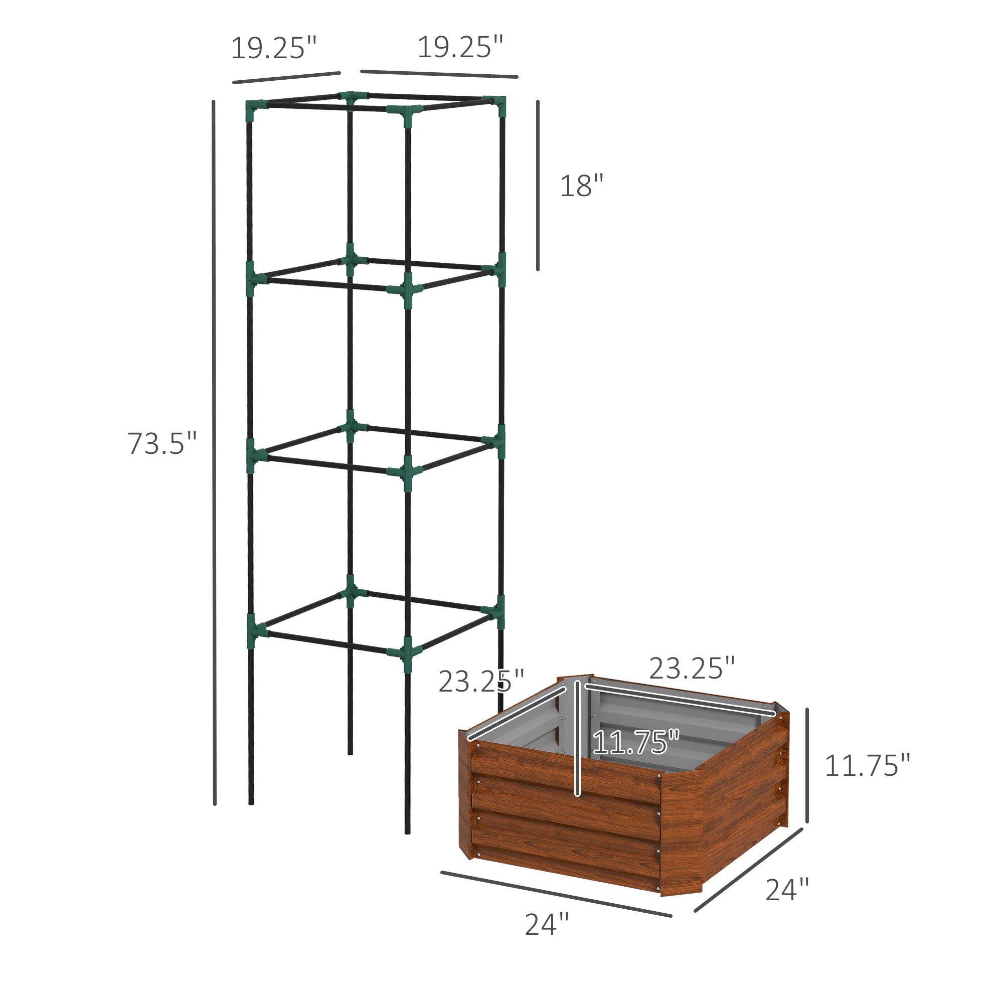 Galvanized Planter Box, 24" x 24" x 73.5" Raised Garden Bed with Tomato Cage for Climbing Vines, Brown