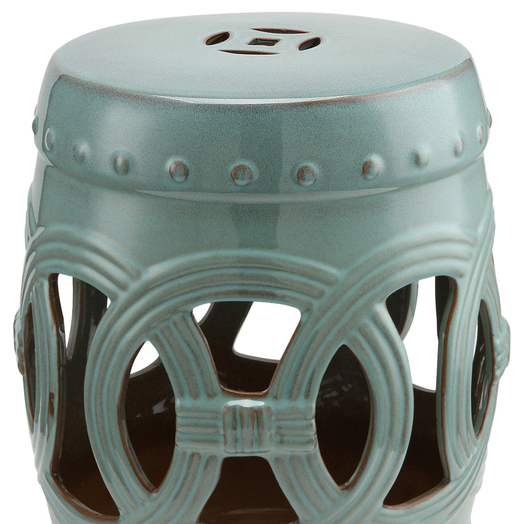 14" x 17" Ceramic Garden Stool with Double-Coin Knotted Ring Design & Strong Glazed Material, Decorative End Table, Home Collection, Antique Blue