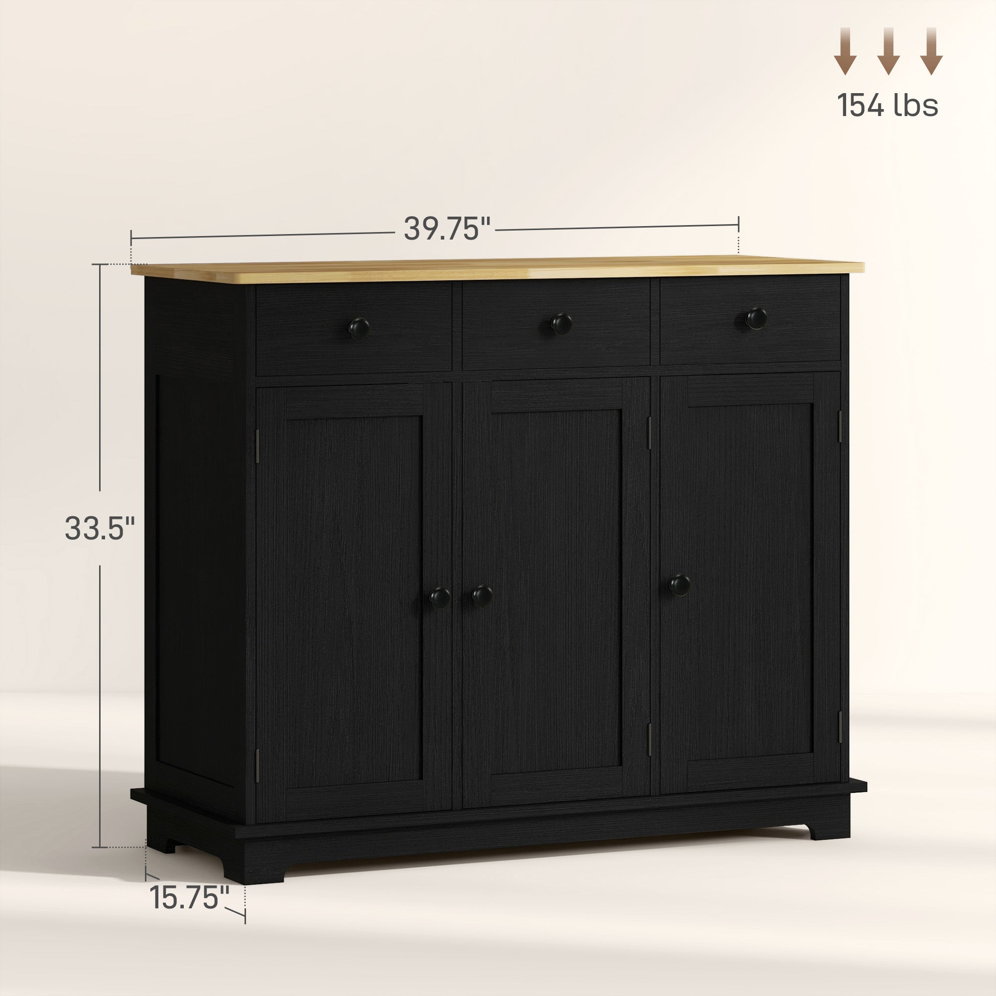 Kitchen Storage Cabinet, Sideboard Floor Cupboard with Solid Wood Top, Adjustable Shelf, and 3 Drawers, Black Wood Grain