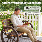 41" Wooden Wagon Wheel Bench, Rustic Outdoor Patio Bench Weather Resistance Furniture, 2-Person Slatted Seat with Backrest, Carbonized