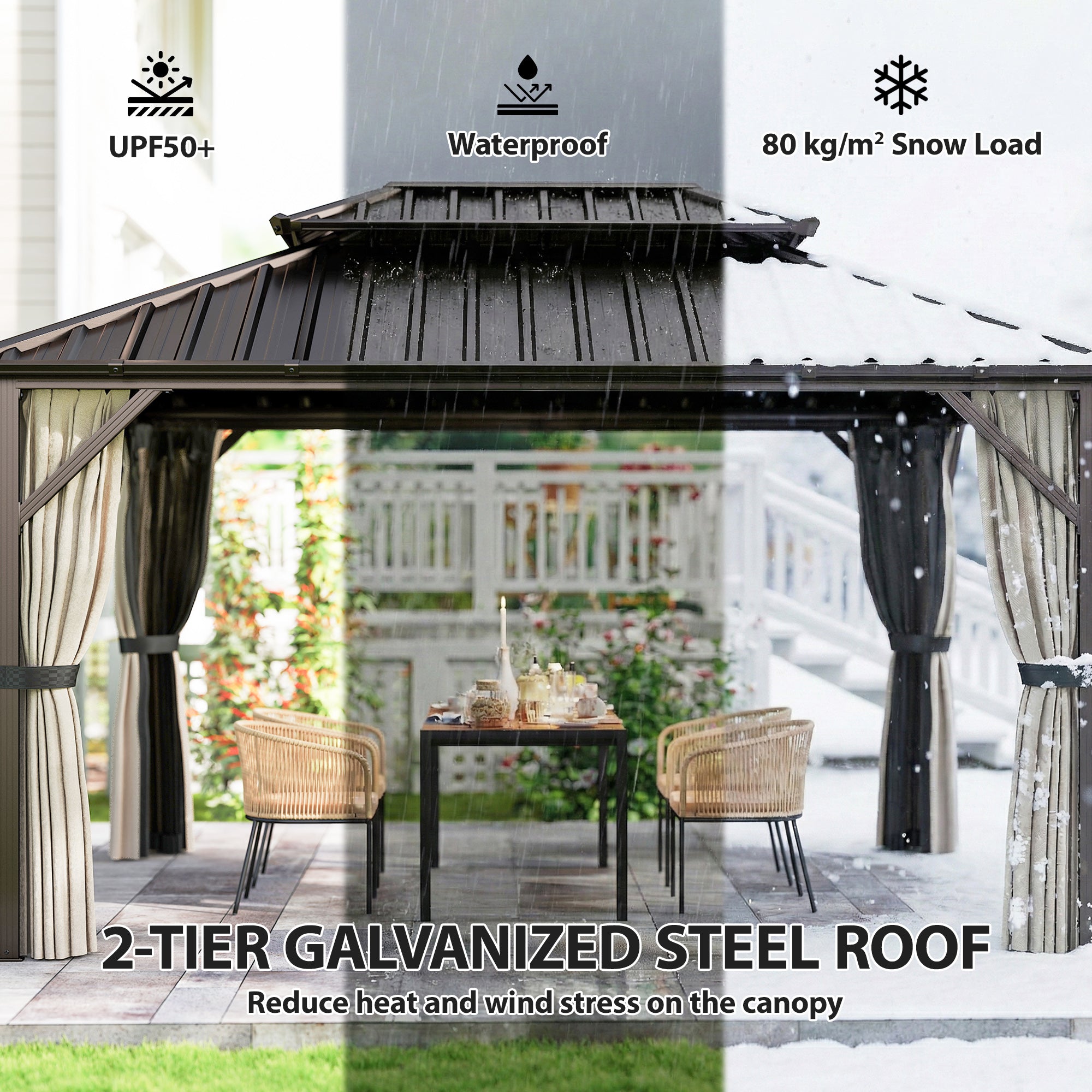 10' x 14' Hardtop Gazebo with Double Galvanized Steel Roof Canopy, Aluminum Frame Permanent Gazebo, Brown