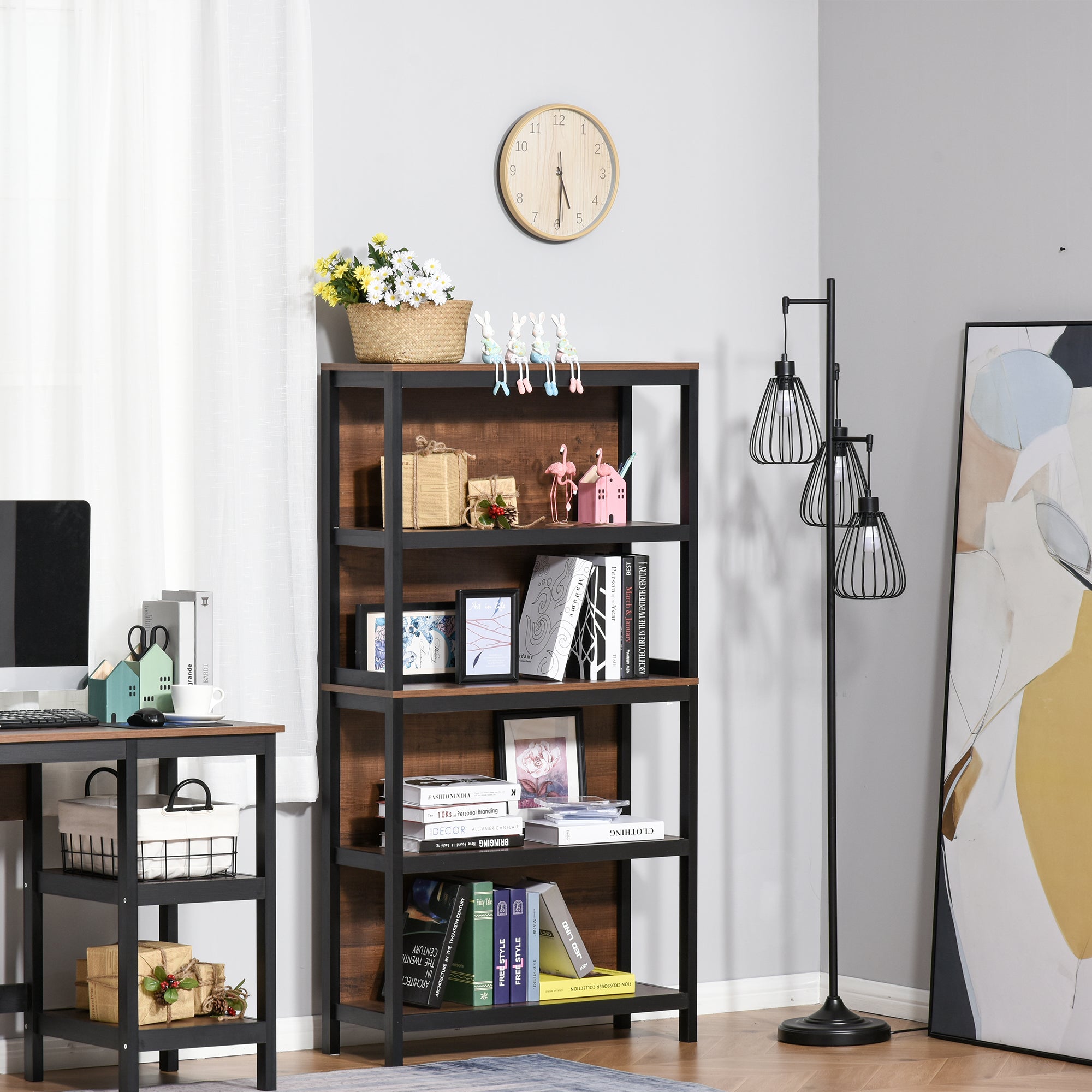 Shelves for Storage, 4 Tier Bookshelf Utility Organizer with Back Support and Anti-Topple Design, Walnut/Black