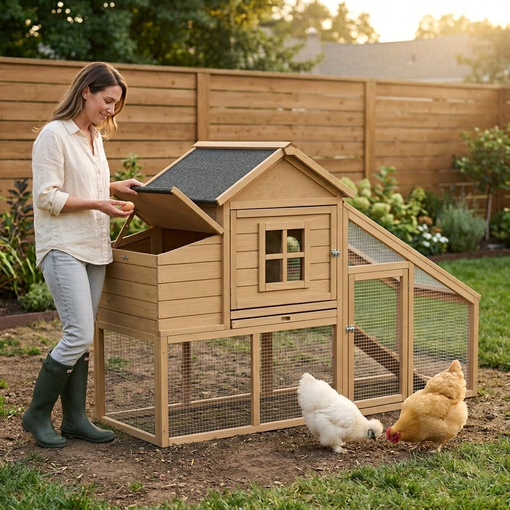 69" Wooden Chicken Coop, Poultry Cage Hen House with Connecting Ramp, Tray, Ventilated Window and Nesting Box