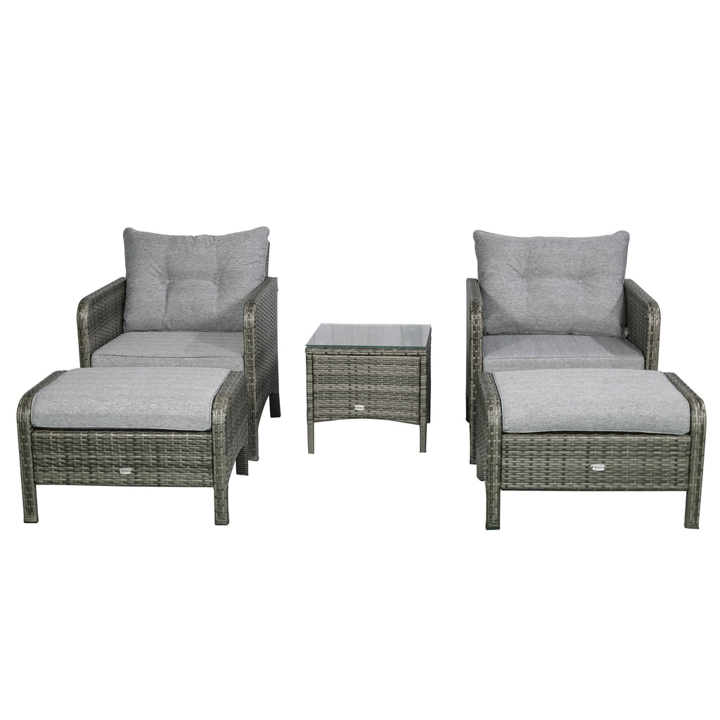 5 Pieces Rattan Wicker Lounge Chair Outdoor Patio Conversation Set with 2 Cushioned Chairs, 2 Ottomans and Tempered Glass Top Coffee Table, Gray/Light Gray
