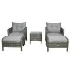 5 Pieces Rattan Wicker Lounge Chair Outdoor Patio Conversation Set with 2 Cushioned Chairs, 2 Ottomans and Tempered Glass Top Coffee Table, Gray/Light Gray