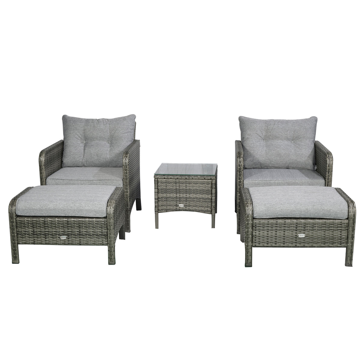 5 Pieces Rattan Wicker Lounge Chair Outdoor Patio Conversation Set with 2 Cushioned Chairs, 2 Ottomans and Tempered Glass Top Coffee Table, Gray/Light Gray
