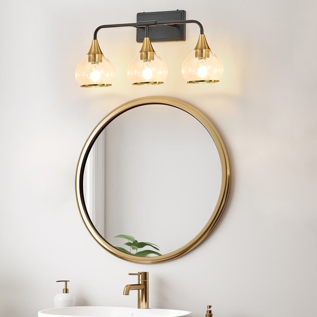 23" Industrial 3-Light Vanity Wall Sconce with Clear Glass Shades, Wall Mounted Lamp for Bathroom, Bedroom, 23" L x 8" W x 11" H, Black+Gold