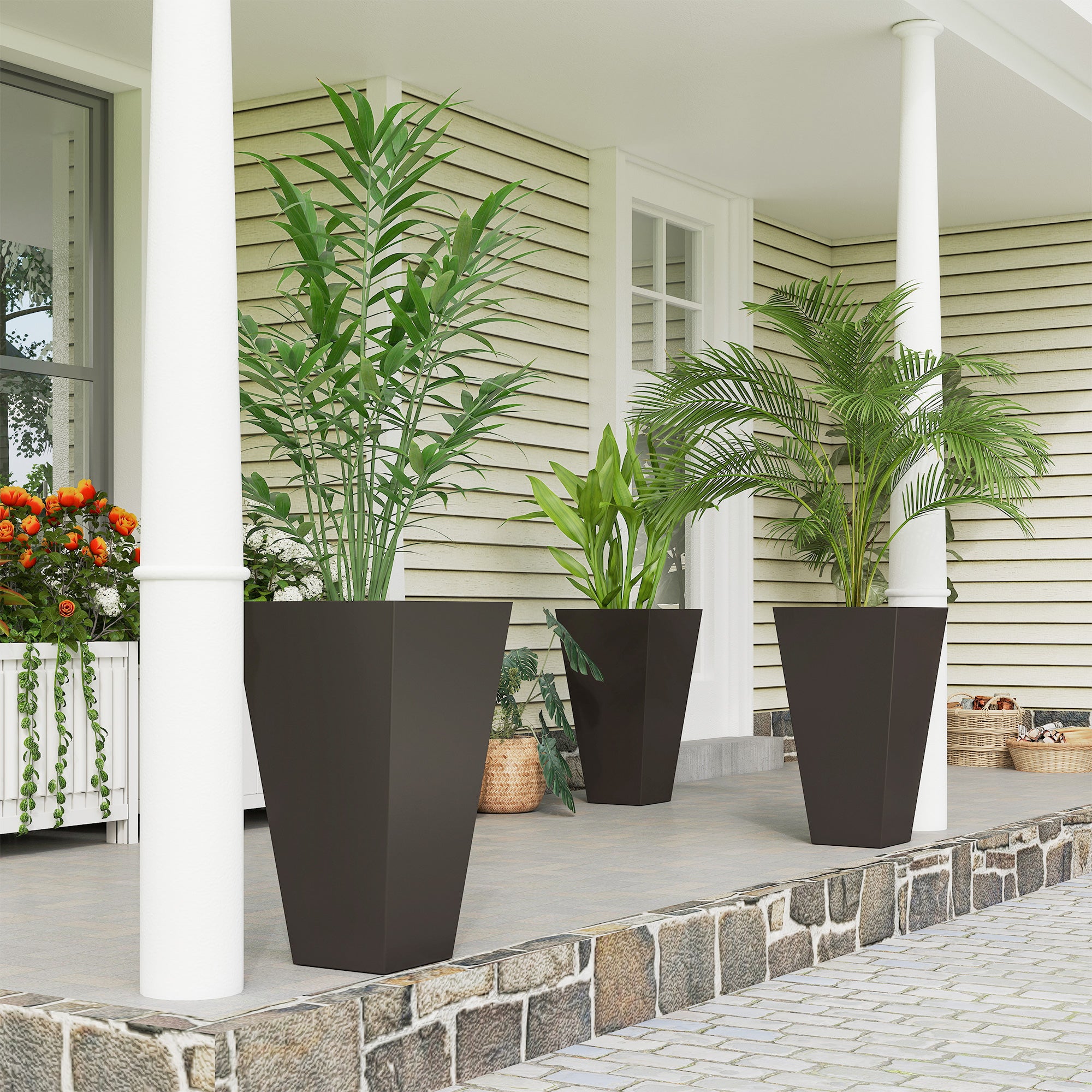 28ft Tall Plastic Planters, Set of 3, Flower Pot, anti-crack, fade-resistant, square shape with a matte surface, Outdoor & Indoor, for lawns, patios, yards, Brown