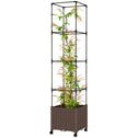 Raised Garden Bed with Trellis, Tomato Cage with Lockable Wheels, Self Watering Planter Box with Drainage Holes, Brown