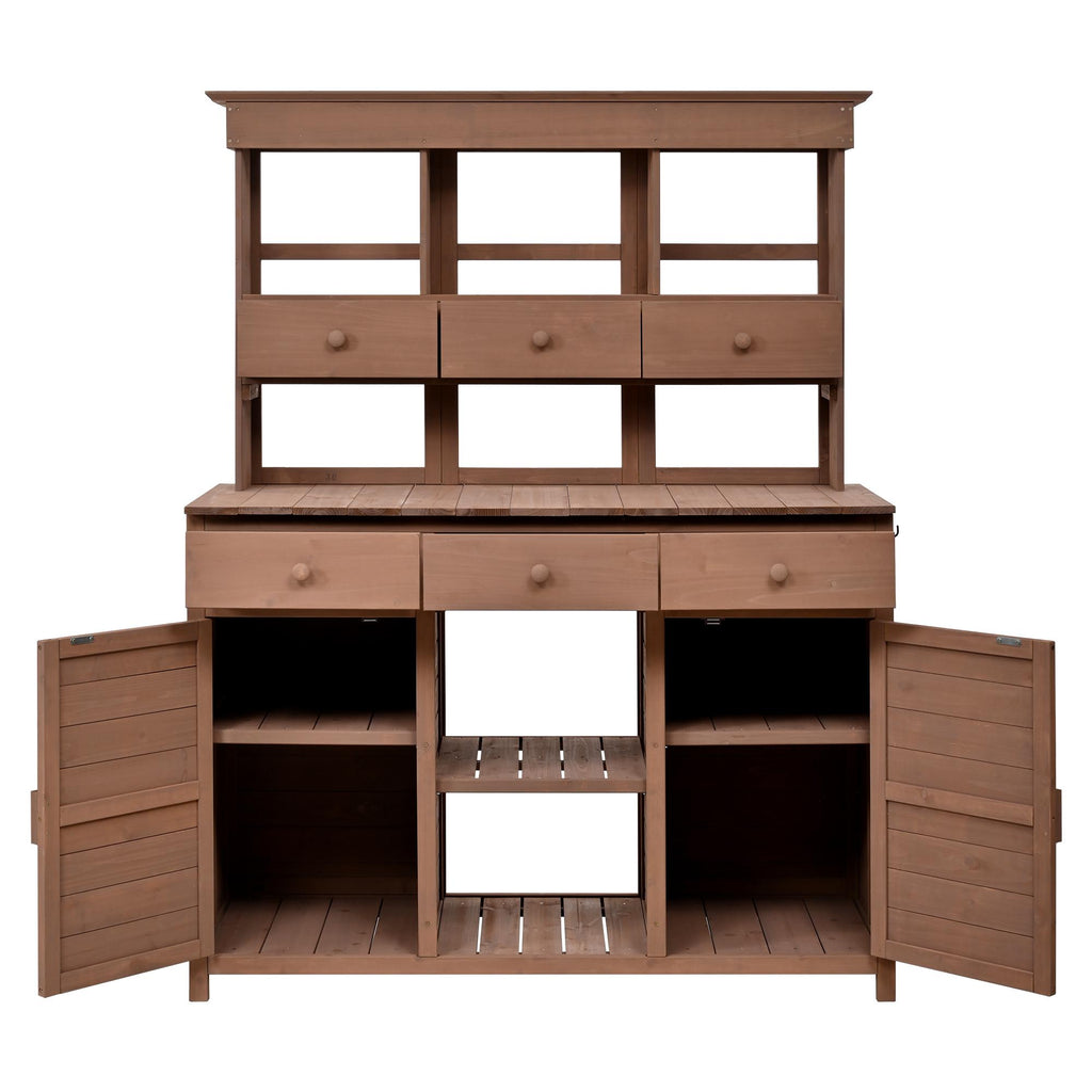 Tall Garden Potting Bench with Hutch & 6 Drawer, Wood Storage Workstation with 3 Shelf & 2 Cabinet, 50'' L x 20.5'' W x 65.5'' H, Brown