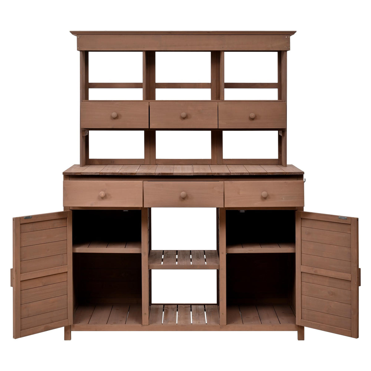 Tall Garden Potting Bench with Hutch & 6 Drawer, Wood Storage Workstation with 3 Shelf & 2 Cabinet, 50'' L x 20.5'' W x 65.5'' H, Brown