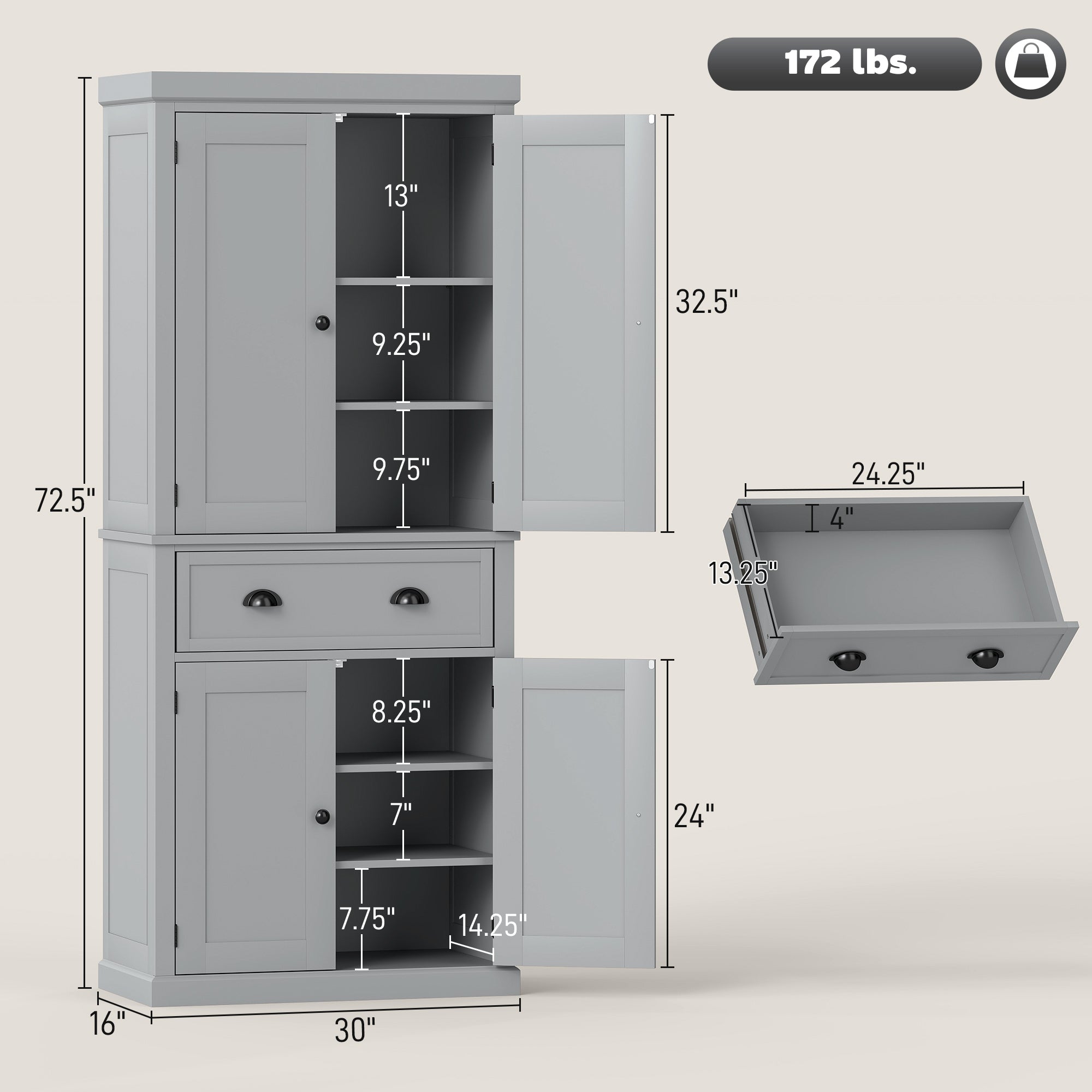 72.5" Kitchen Cabinet, Pantry Storage Cabinet with Doors and Shelves, Freestanding Food Pantry Cabinet, Gray
