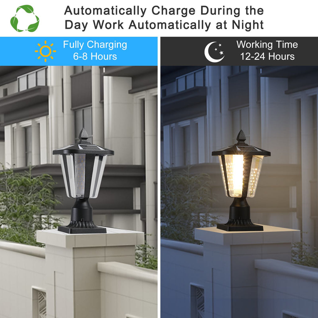 Solar Powered Outdoor Lantern with IP65 Waterproof, Modern Garden Light with LED for Pathways, Yards, 8" L x 8" W x 15" H, Black