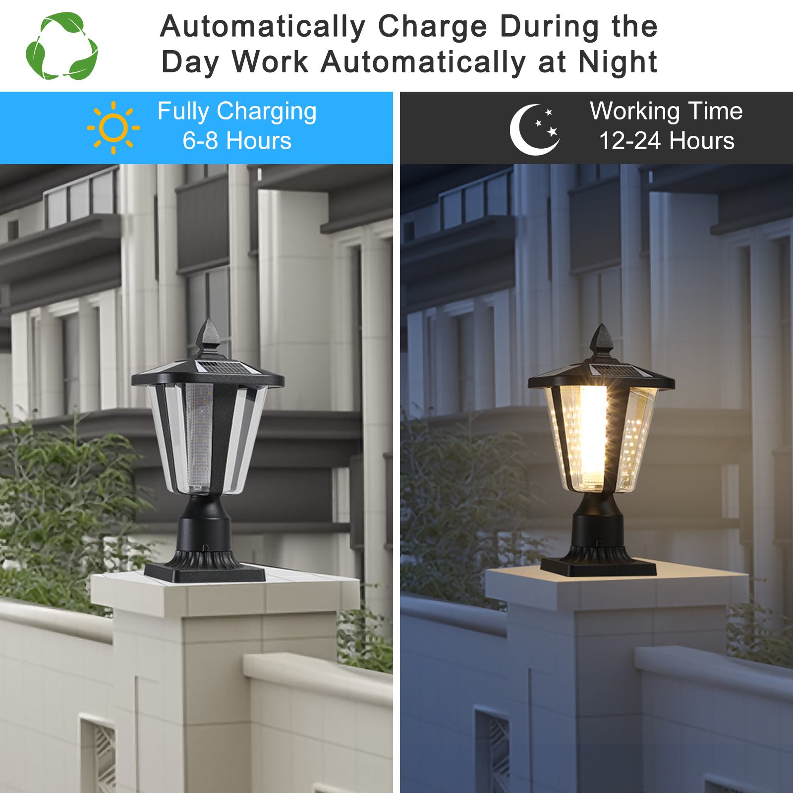 Solar Powered Outdoor Lantern with IP65 Waterproof, Modern Garden Light with LED for Pathways, Yards, 8" L x 8" W x 15" H, Black