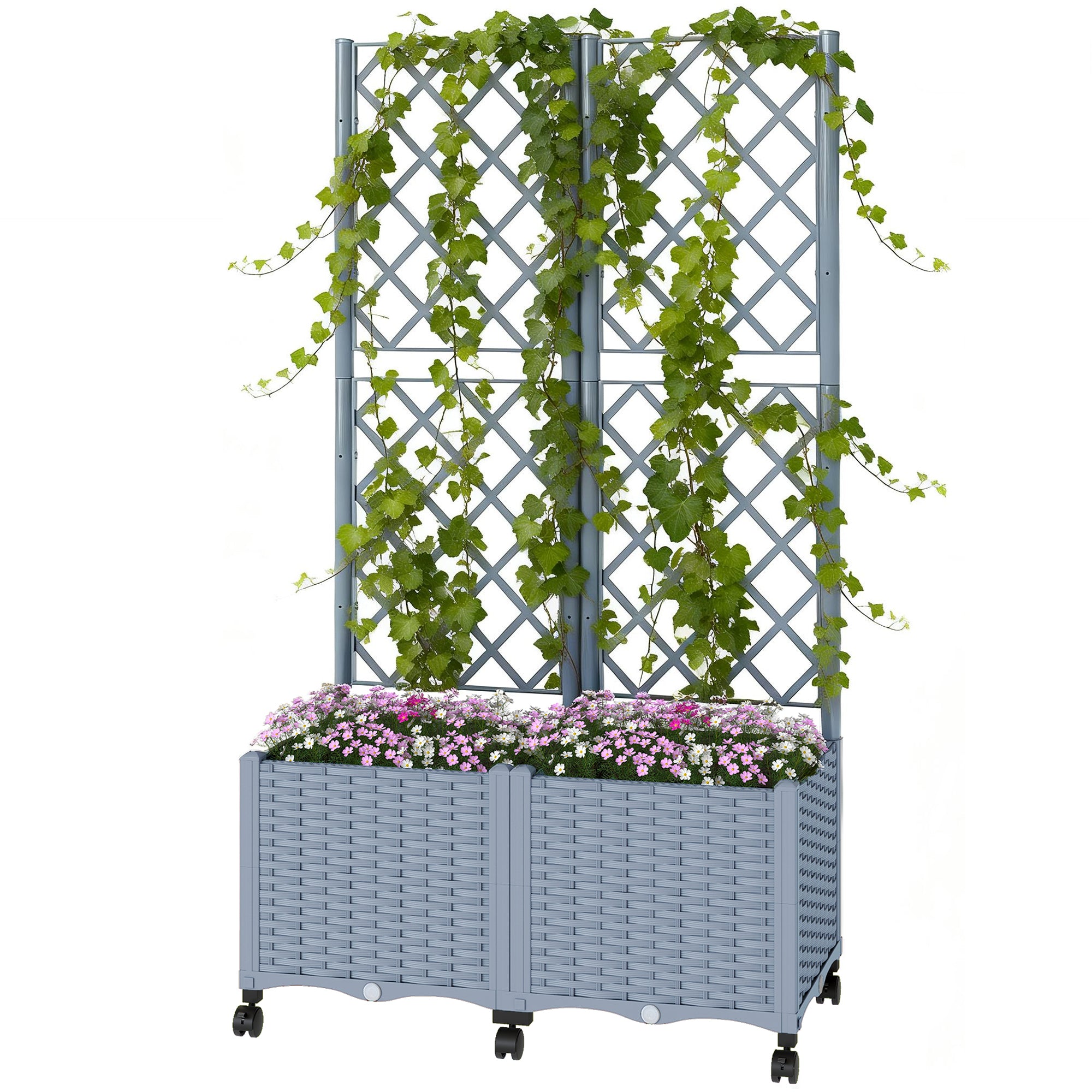 Planter Box with Trellis, Self Watering Raised Garden Bed with Lockable Wheels and Drainage Holes, Gray
