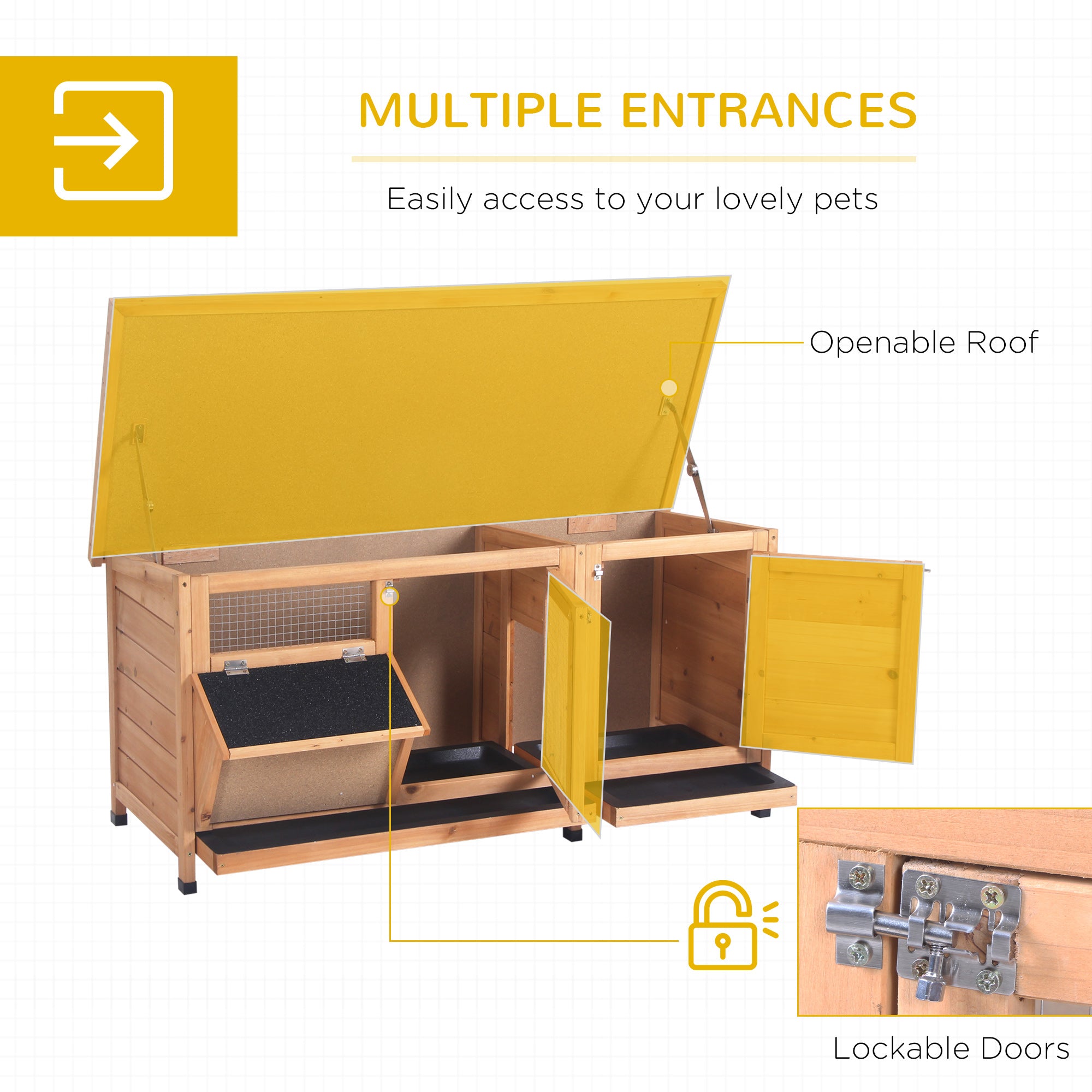 Large Bunny Hutch, Rabbit Cage with 2 Outside Areas and 1 Main House for Small Animals, Yellow