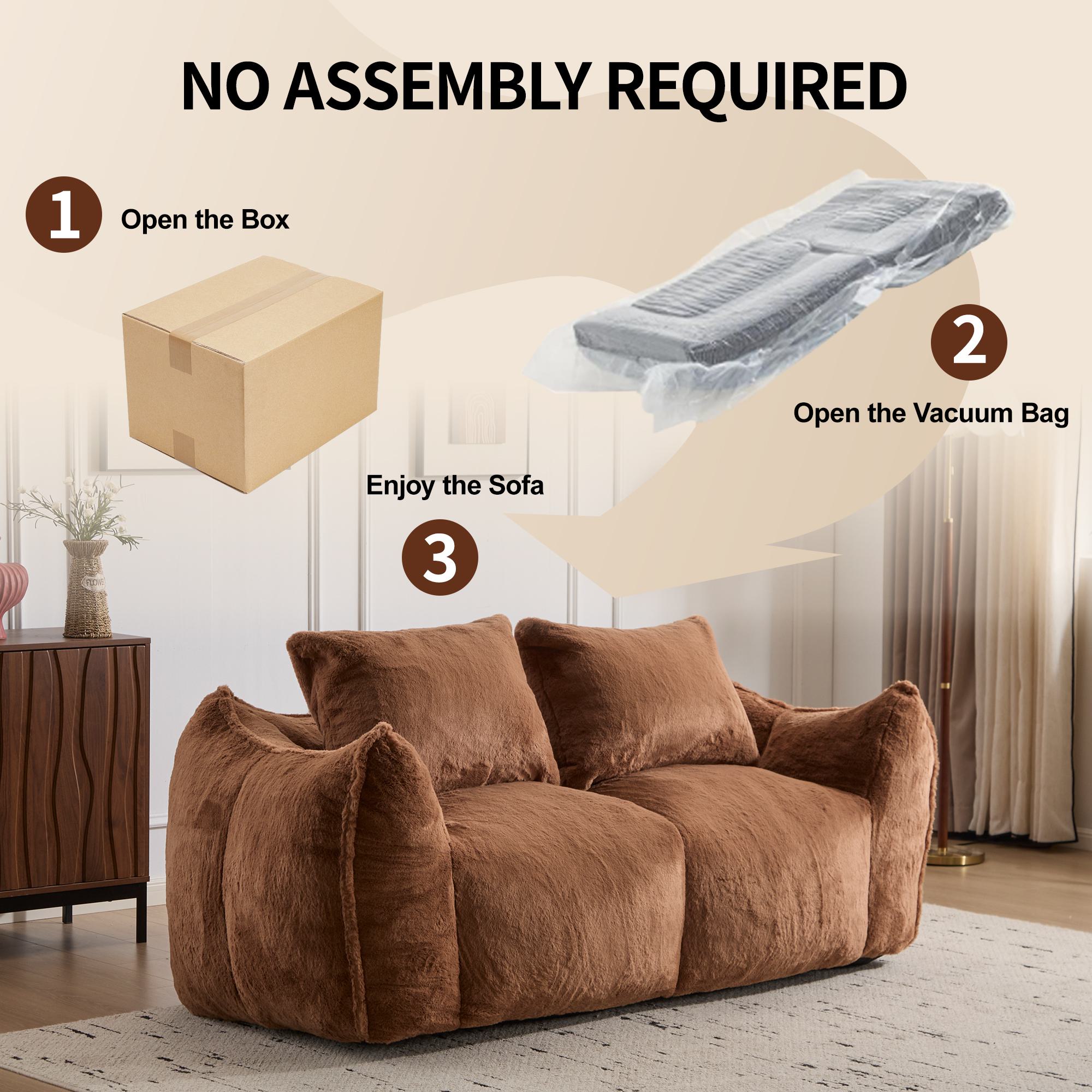 Bean Bag Sofa with High-Density Foam and Faux Fur Fabric, Compressed Sofa Oversized Fluffy Loveseat for Adults, 75" L x 42.5" W x 28.5" H, Brown