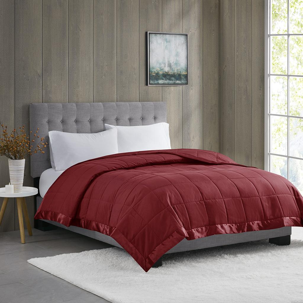 King Size Lightweight Down Alternative Blanket with Satin Trim, 3M Scotchgard Treatment, Machine Washable, 108" L x 90" W x 0.25" H, Burgundy