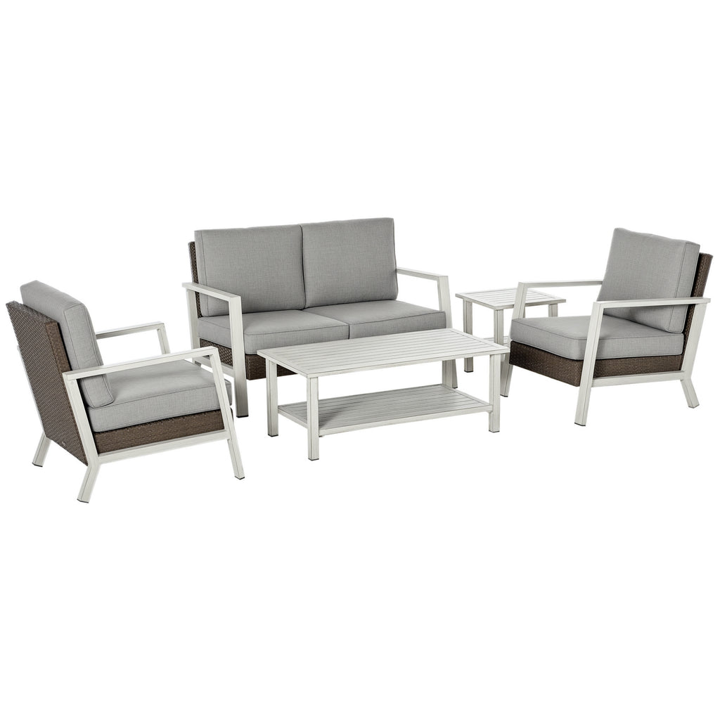 Aluminum Patio Furniture Set, 5 Piece Modern Outdoor Conversation Set with Loveseat Sofa, Chairs, Cushions, Coffee Table & Side Table, Gray