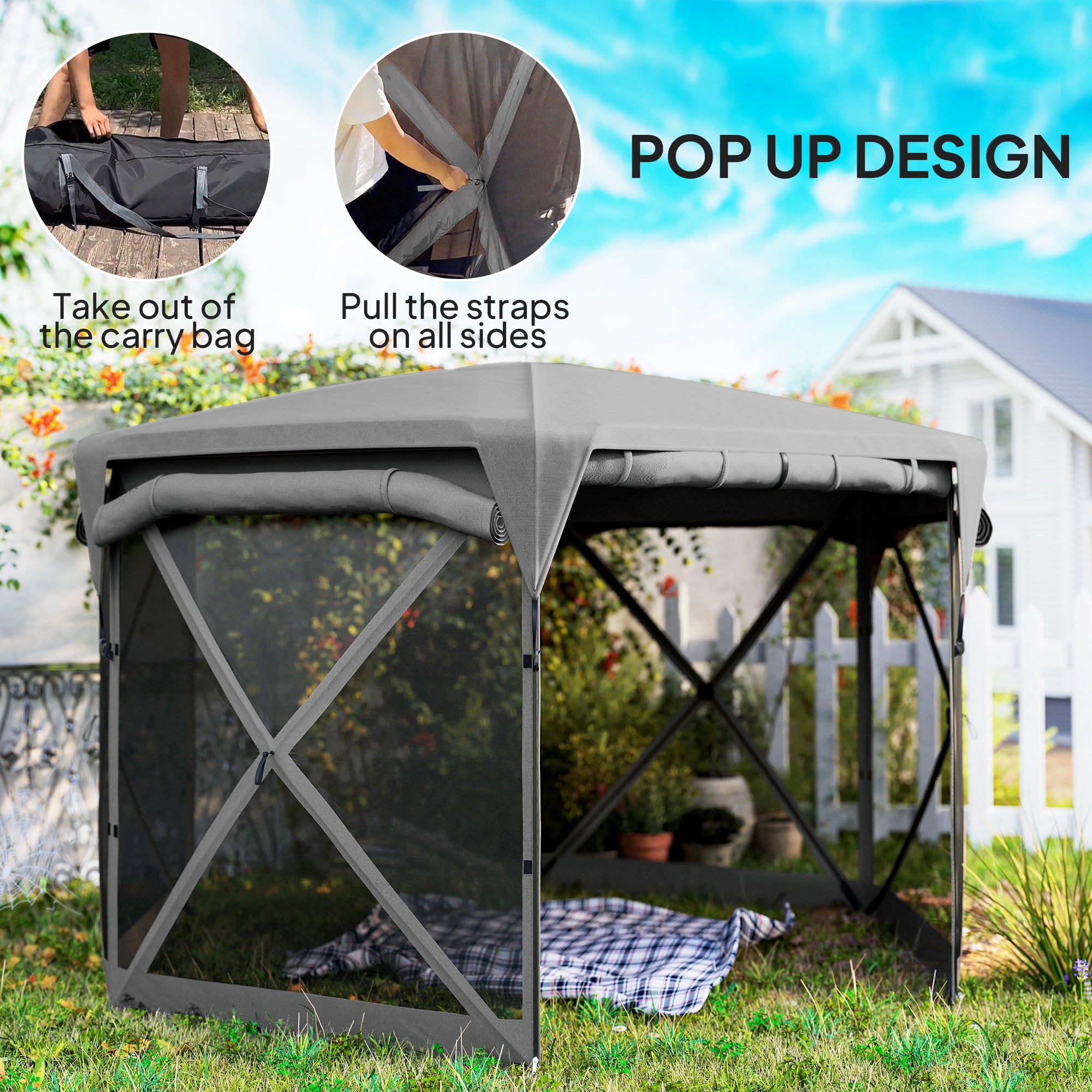 11 x 11ft Pop Up Gazebo Screen Tent with Removable Roof Cover, Roll-up Wind Panels for Camping, Backyard, Dark Gray